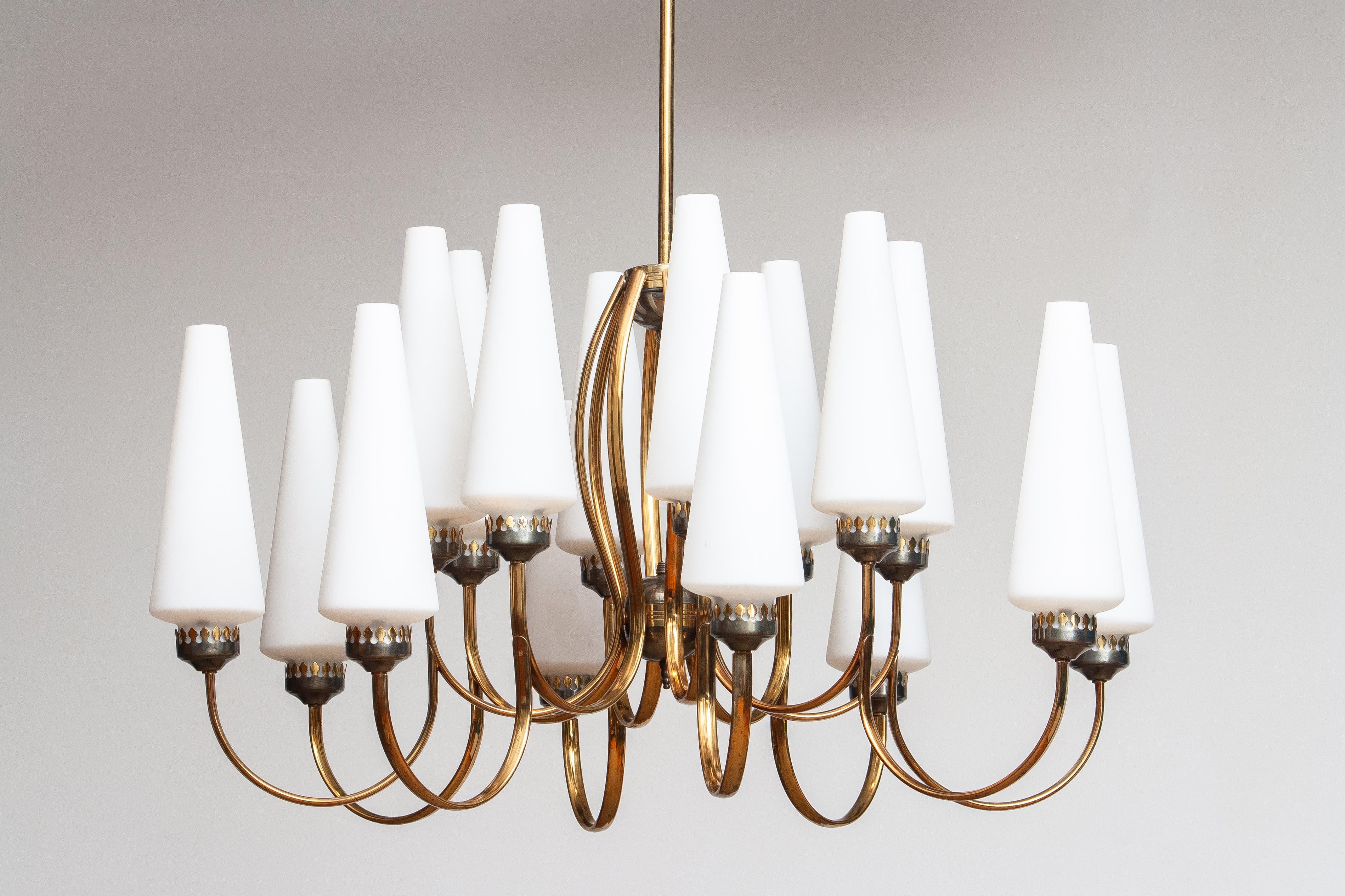 1950s, Large Brass Chandelier by Stilnovo with Large White Murano Vases, Italy 3