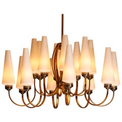 1950s, Large Brass Chandelier by Stilnovo with Large White Murano Vases, Italy