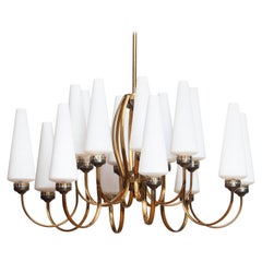 1950s, Large Brass Chandelier by Stilnovo with Large White Murano Vases, Italy