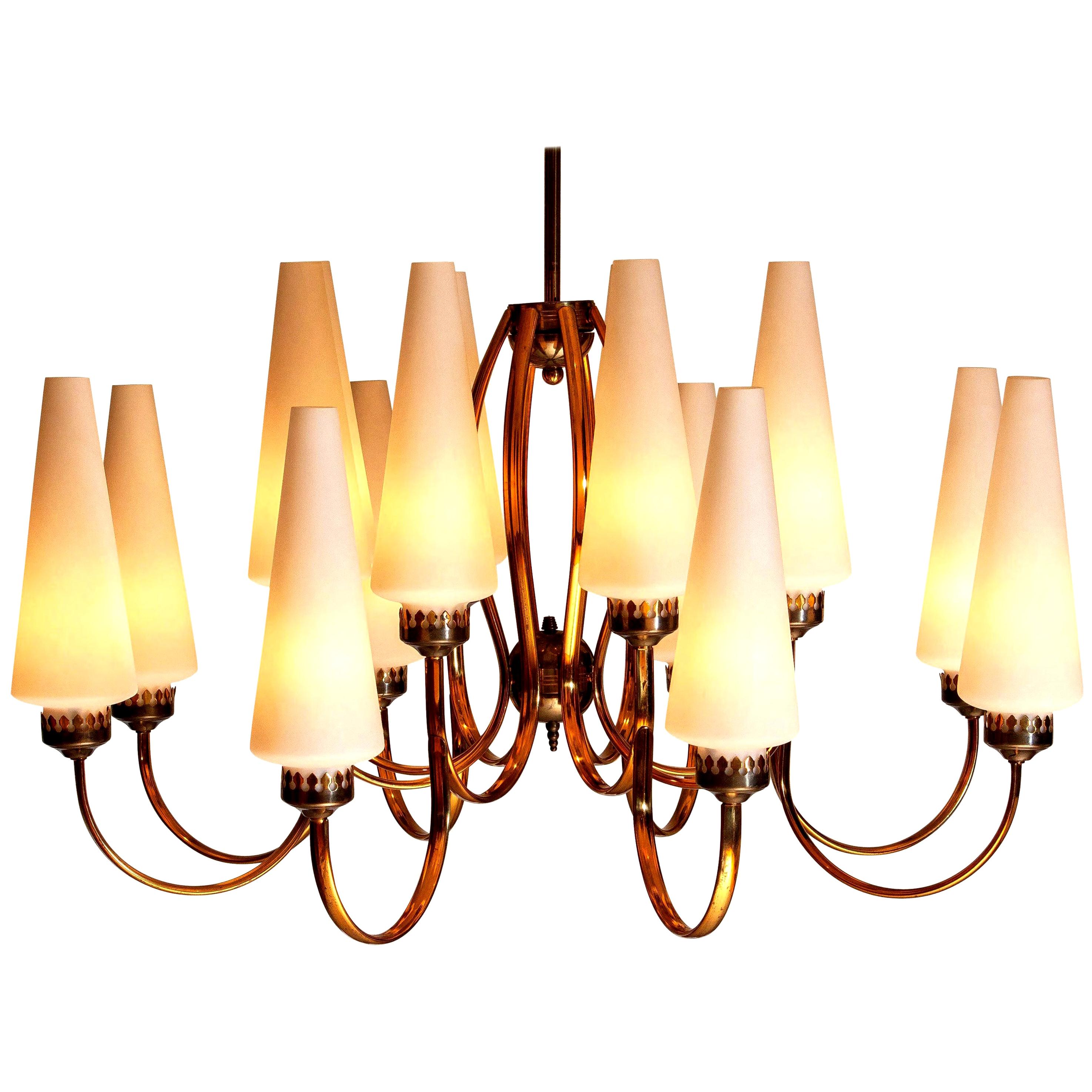 1950s, Large Brass Chandelier by Stilnovo with Large White Murano Vases, Italy