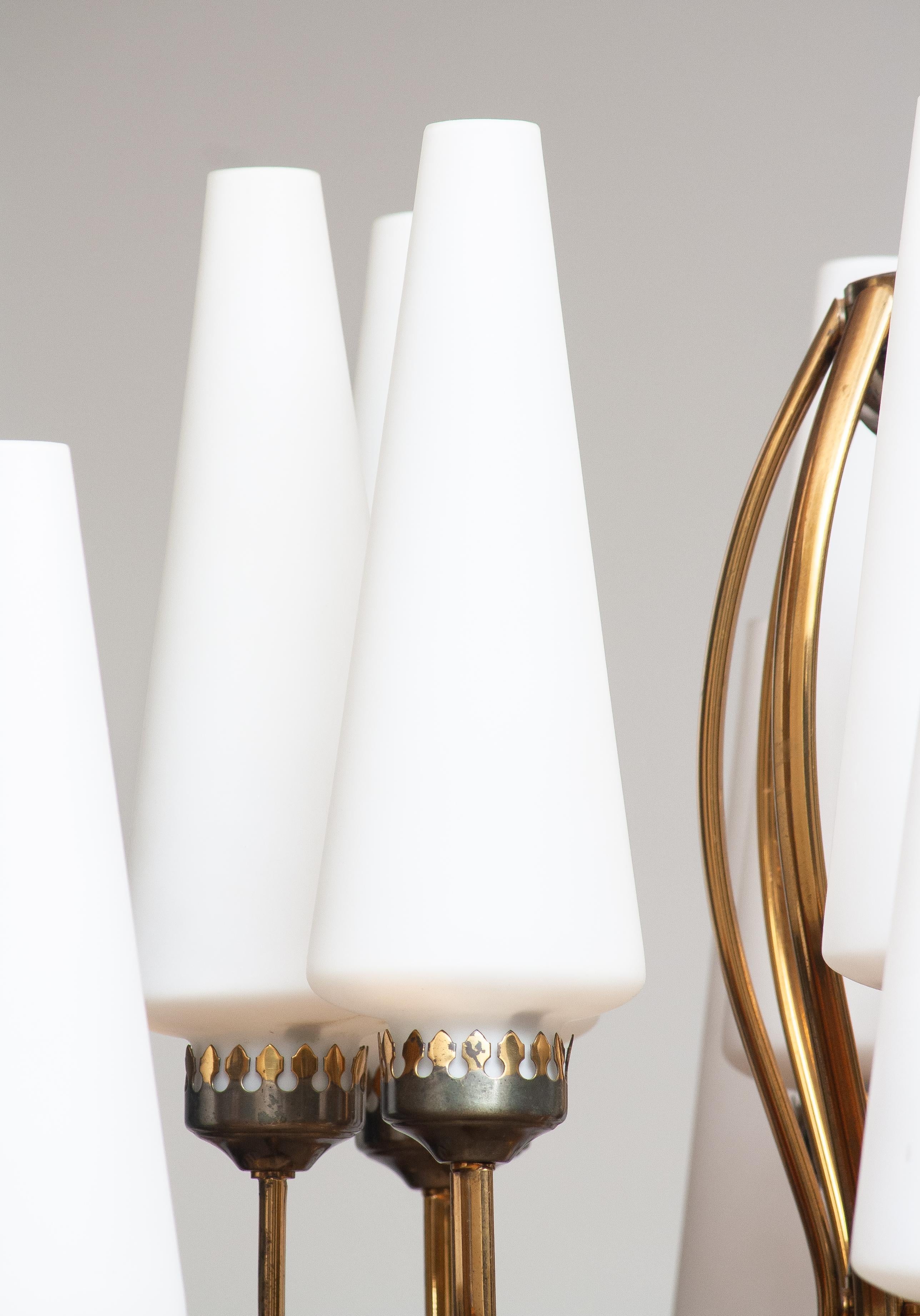Italian Angelo Leli For Arredoluce Brass Chandelier with Large White Murano Glass Vases