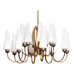 1950s, Large Brass Chandelier with Large White Murano Glass Vases, Italy
