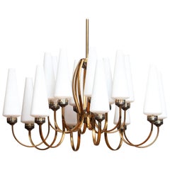 1950s, Large Brass Chandelier with Large White Murano Vases, Italy