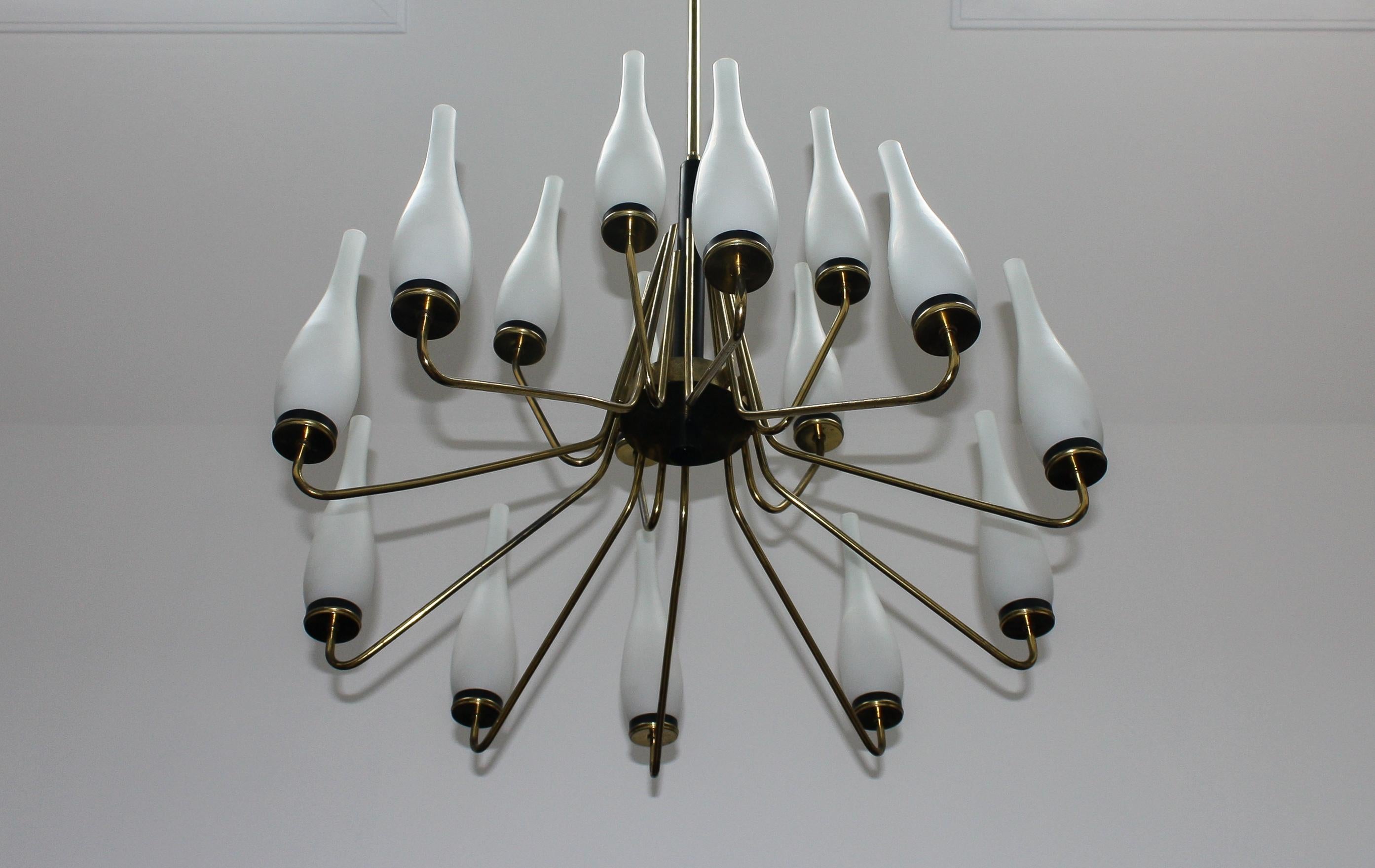 Italian 1950's Large Brass Chandelier with Vases Made by Stilnovo, Italy