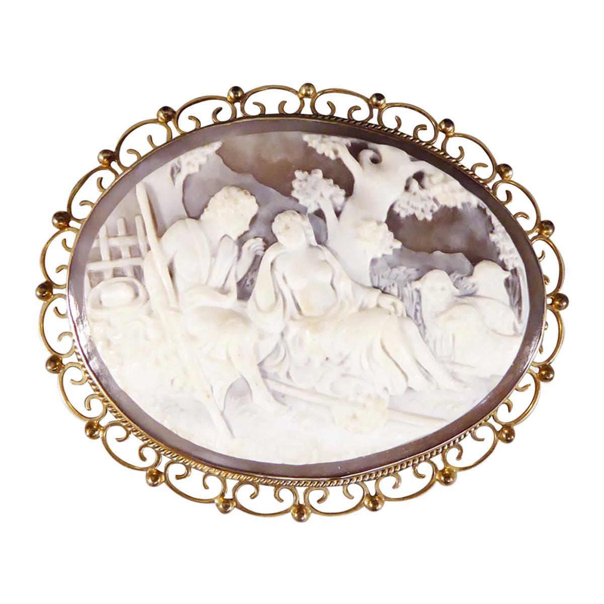 1950's Large Carved Cameo Brooch in 9ct Yellow Gold For Sale