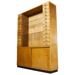 1950’s Large Chemists Birch Display Cabinet, Shelf Unit