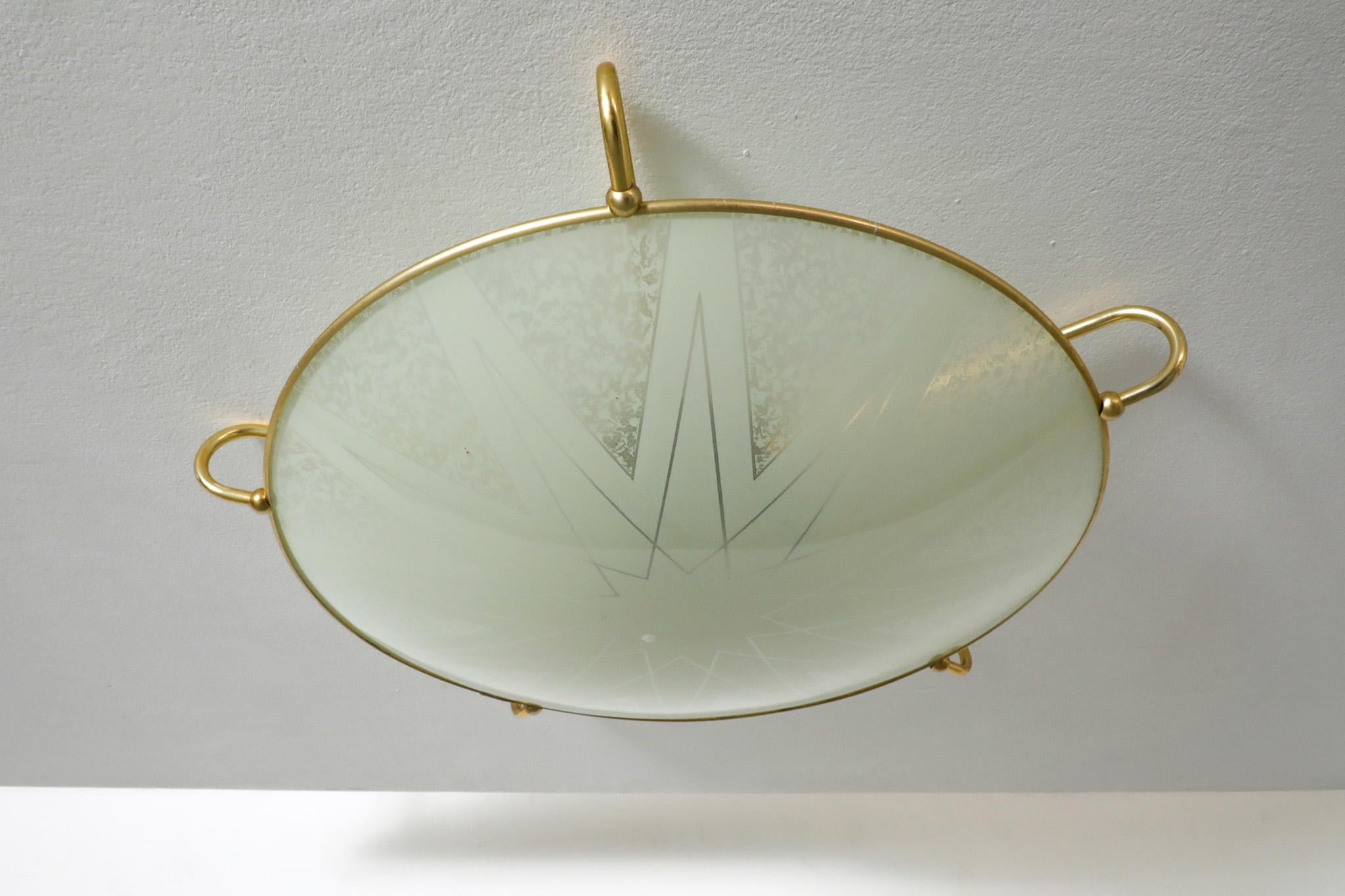 1950s Large Domed Rondelle Ceiling Light with Brass Detail and Bakelite Mount 4