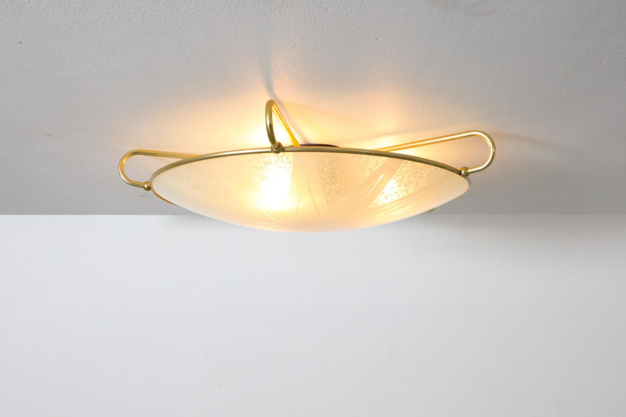 Mid-Century Modern 1950s Large Domed Rondelle Ceiling Light with Brass Detail and Bakelite Mount