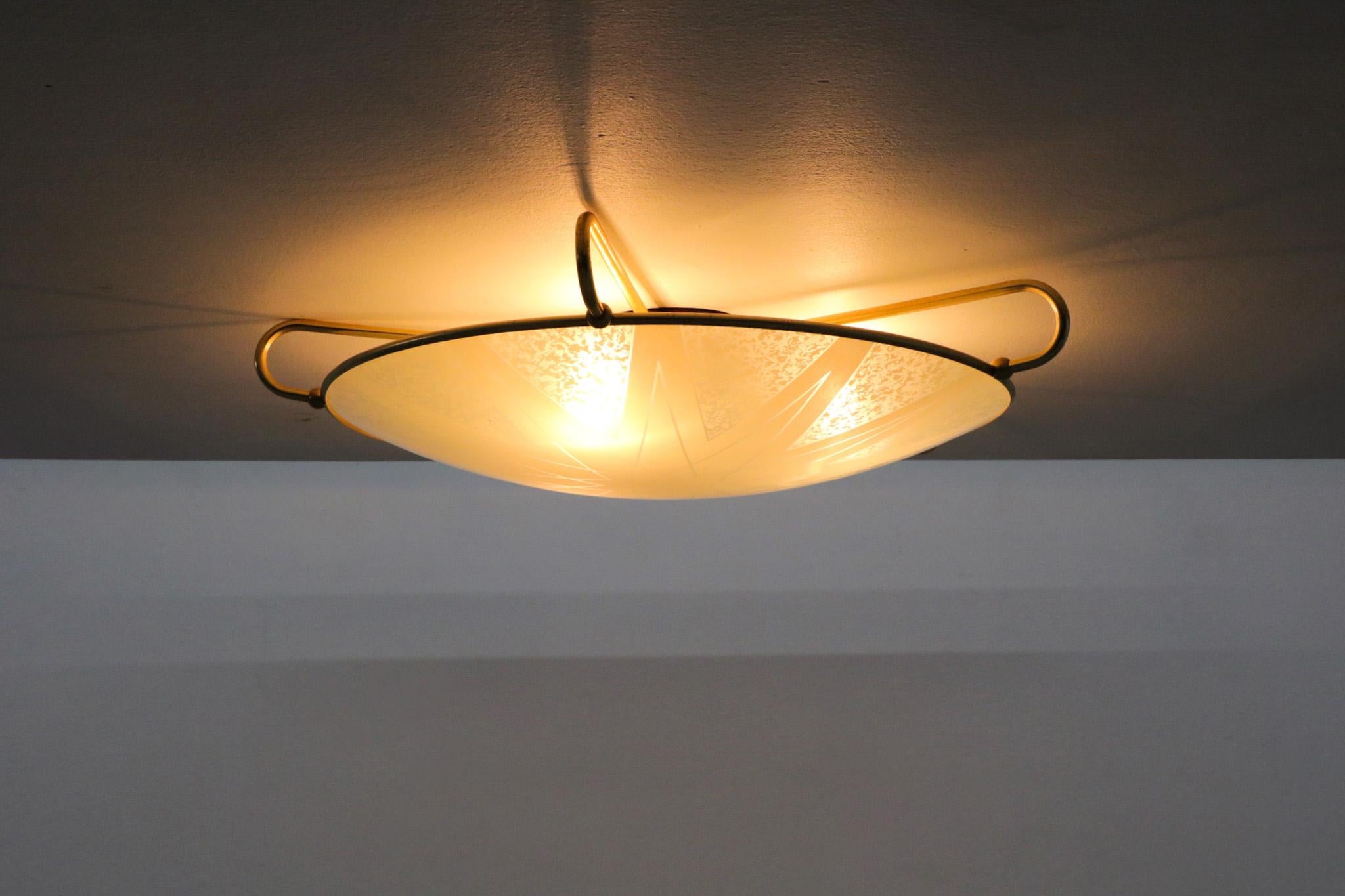 Dutch 1950s Large Domed Rondelle Ceiling Light with Brass Detail and Bakelite Mount