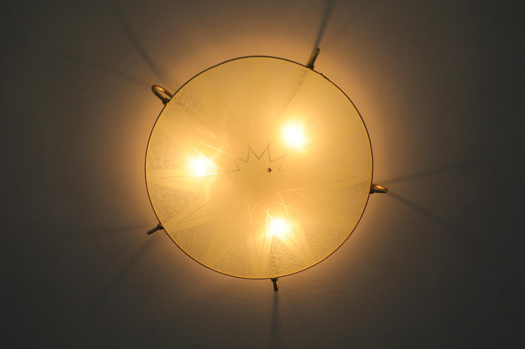 1950s Large Domed Rondelle Ceiling Light with Brass Detail and Bakelite Mount In Good Condition In Los Angeles, CA