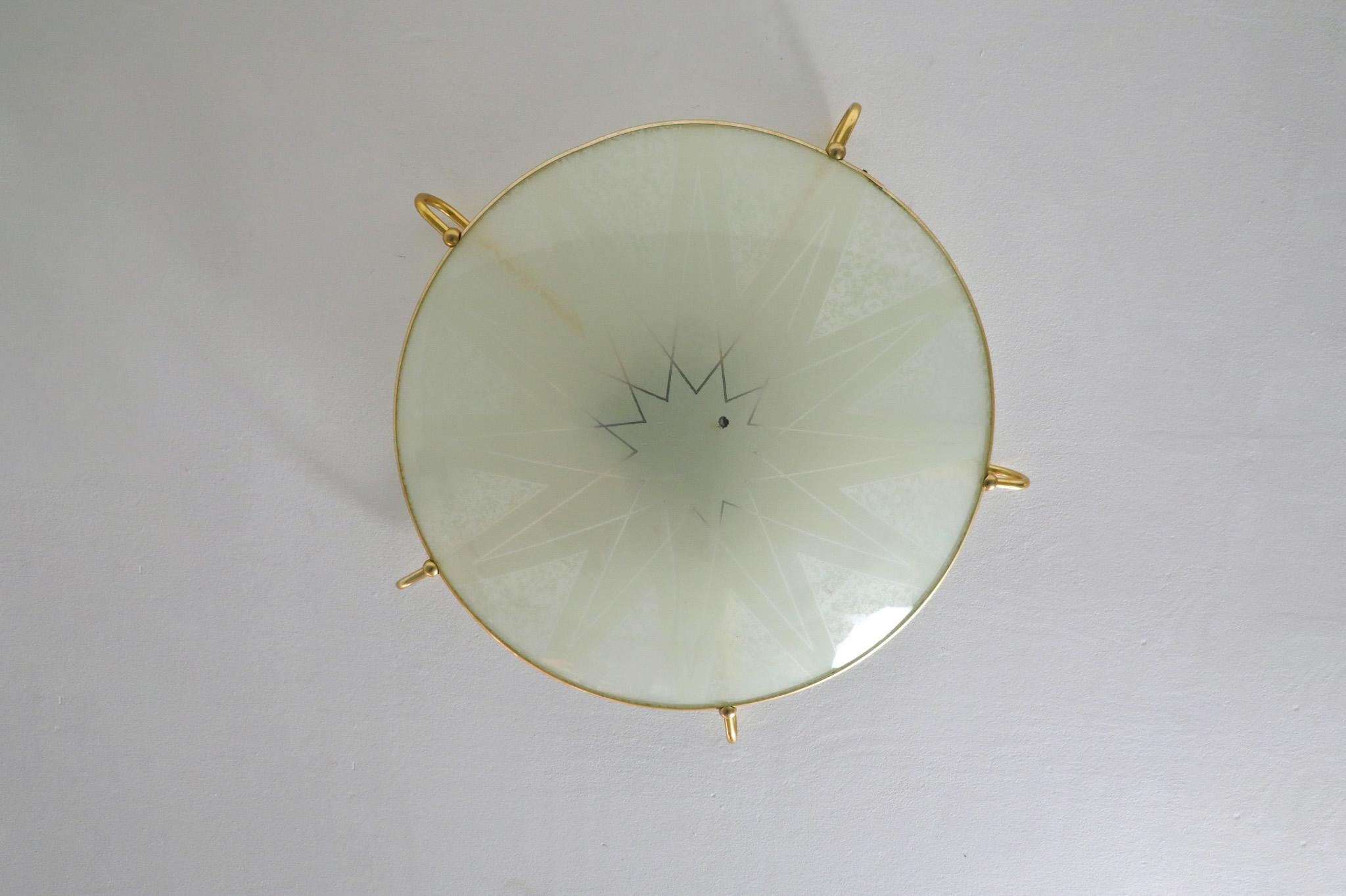 20th Century 1950s Large Domed Rondelle Ceiling Light with Brass Detail and Bakelite Mount