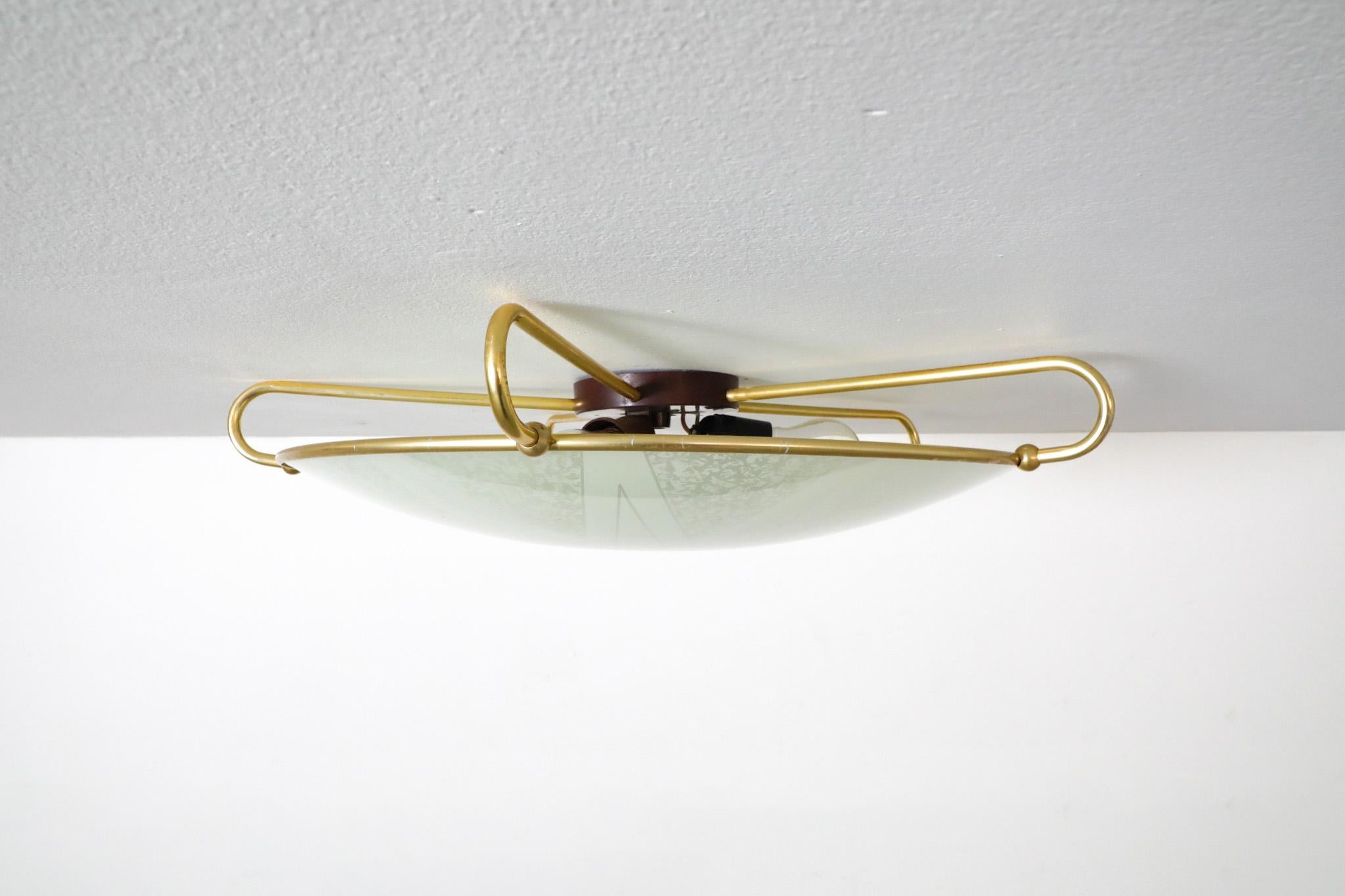 1950s Large Domed Rondelle Ceiling Light with Brass Detail and Bakelite Mount 1