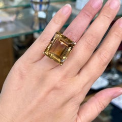 1950's Large Emerald Cut Smokey Quartz Statement Ring 18k Yellow Gold