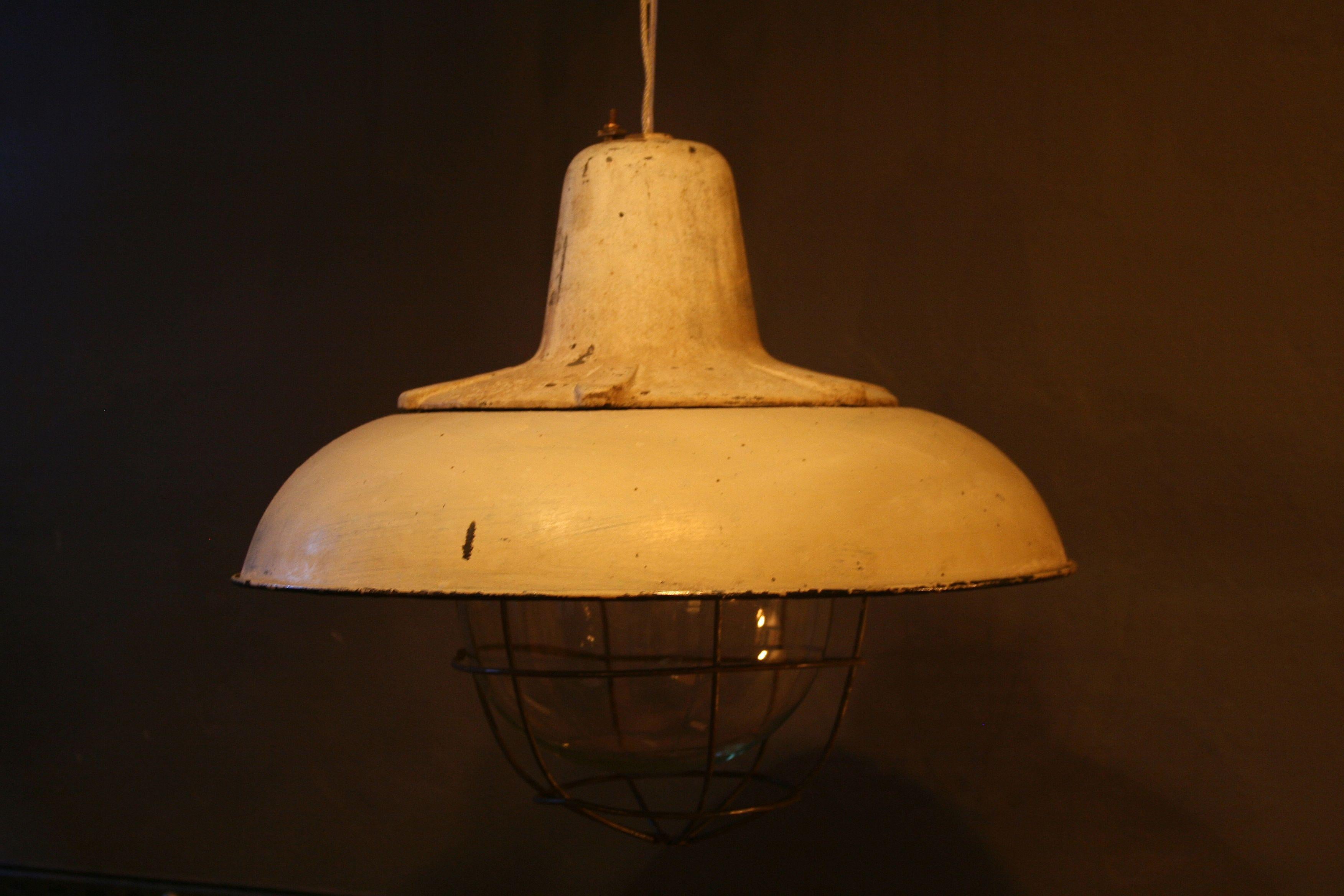 Cast 1950s Large Factory Lamp with a Reflector For Sale
