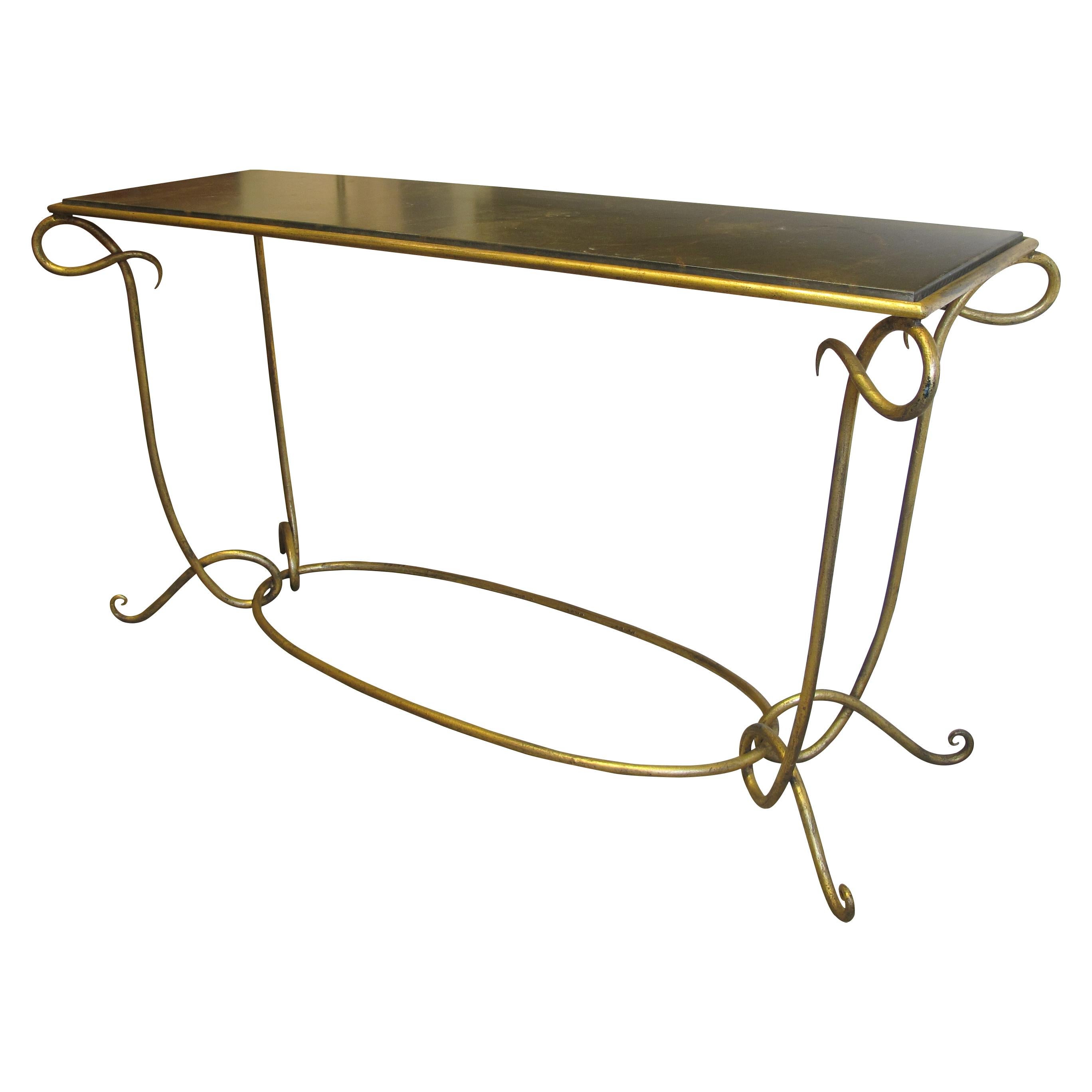 Mid-Century Modern 1950s Large French Console Table with a Gilt Iron Frame - style of René Drouet