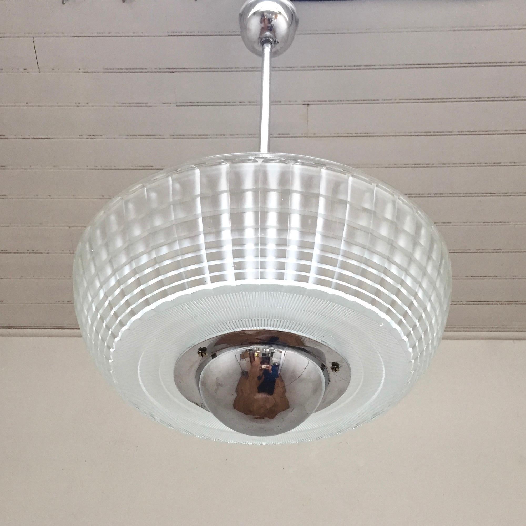 1950s large French Holophane pendant lamp in glass and aluminium.