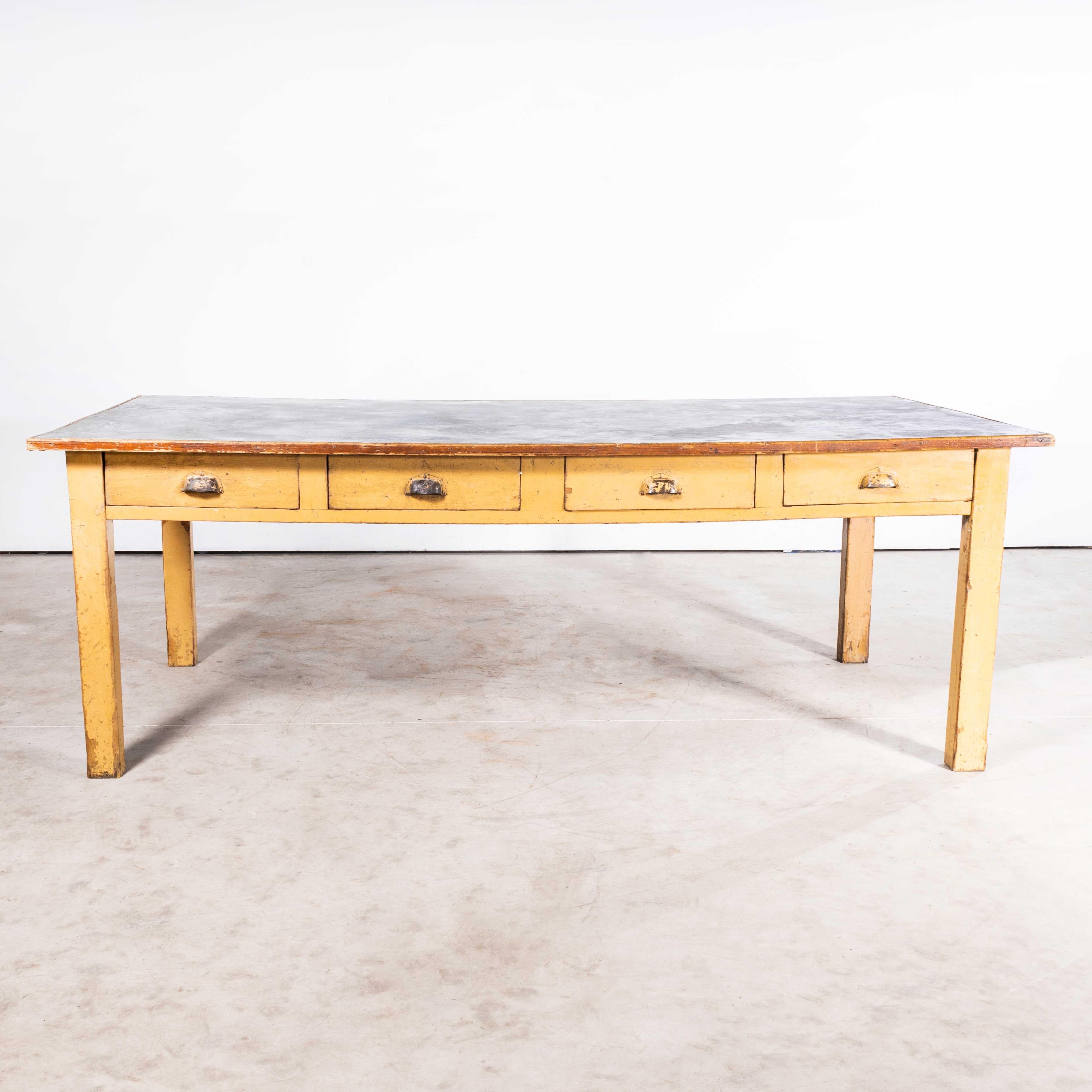 1950’s Large French Rectangular Zinc Top Dining Table
1950’s Large French Rectangular Zinc Top Dining Table. Unusual and practical French zinc top dining table with eight drawers. The table base is strong and stable, made from solid beech throughout