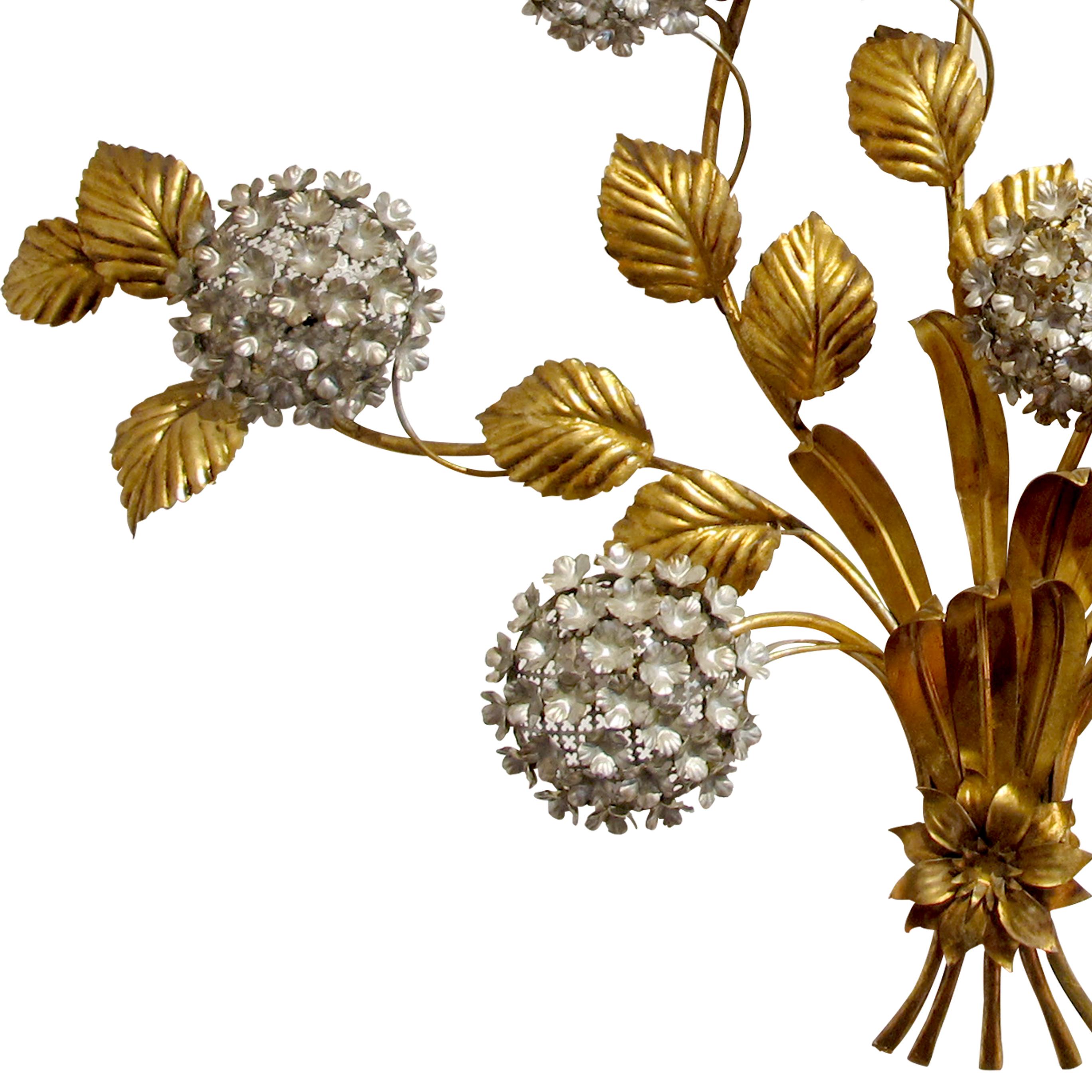 1950s Large German Gilt Metal Hydrangeas Wall Light or Sconce by Hans Kogl In Good Condition In London, GB