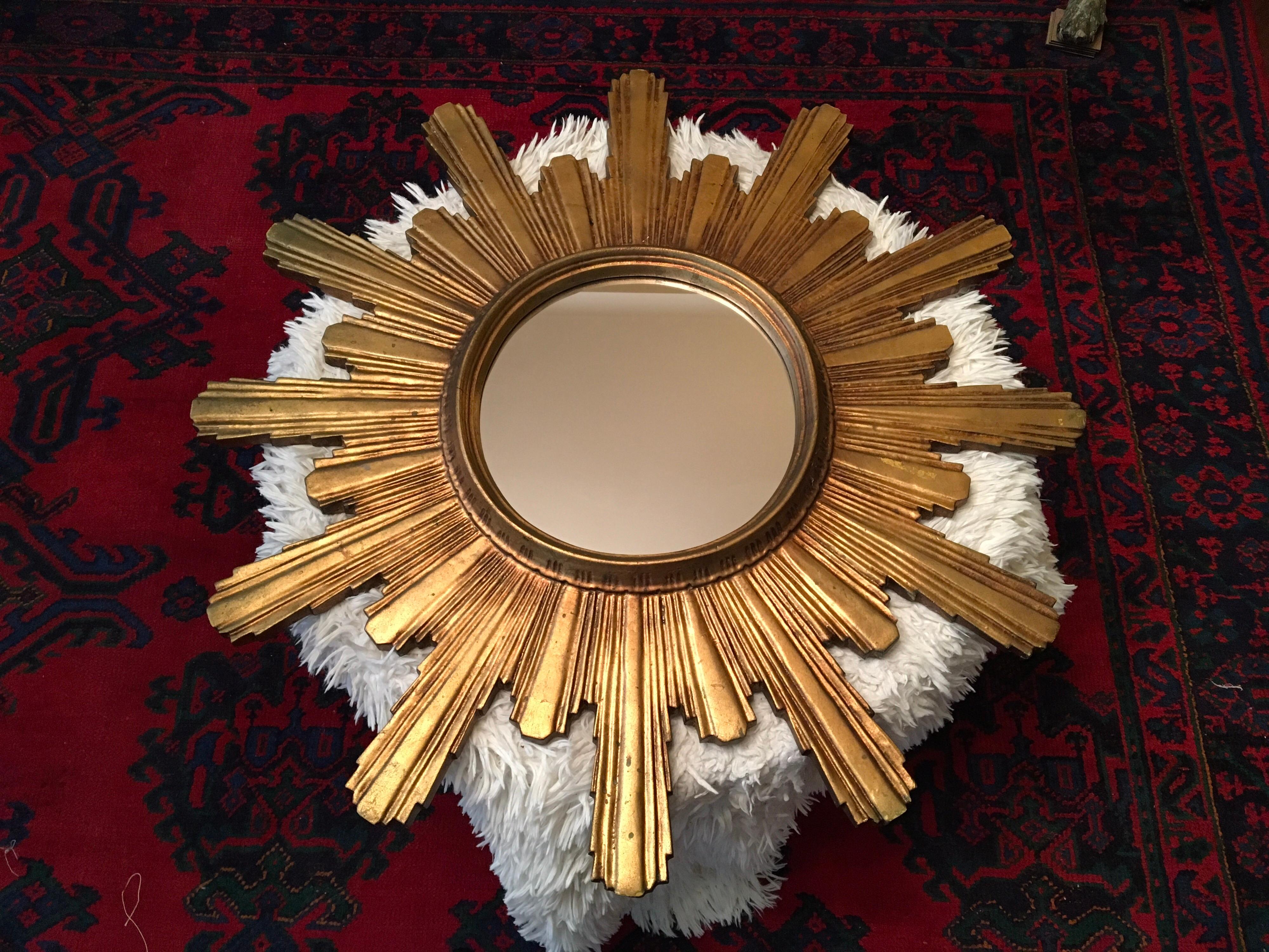 1950s Large Gilded Wooden Sunburst Mirror, Starbust Mirror For Sale 1