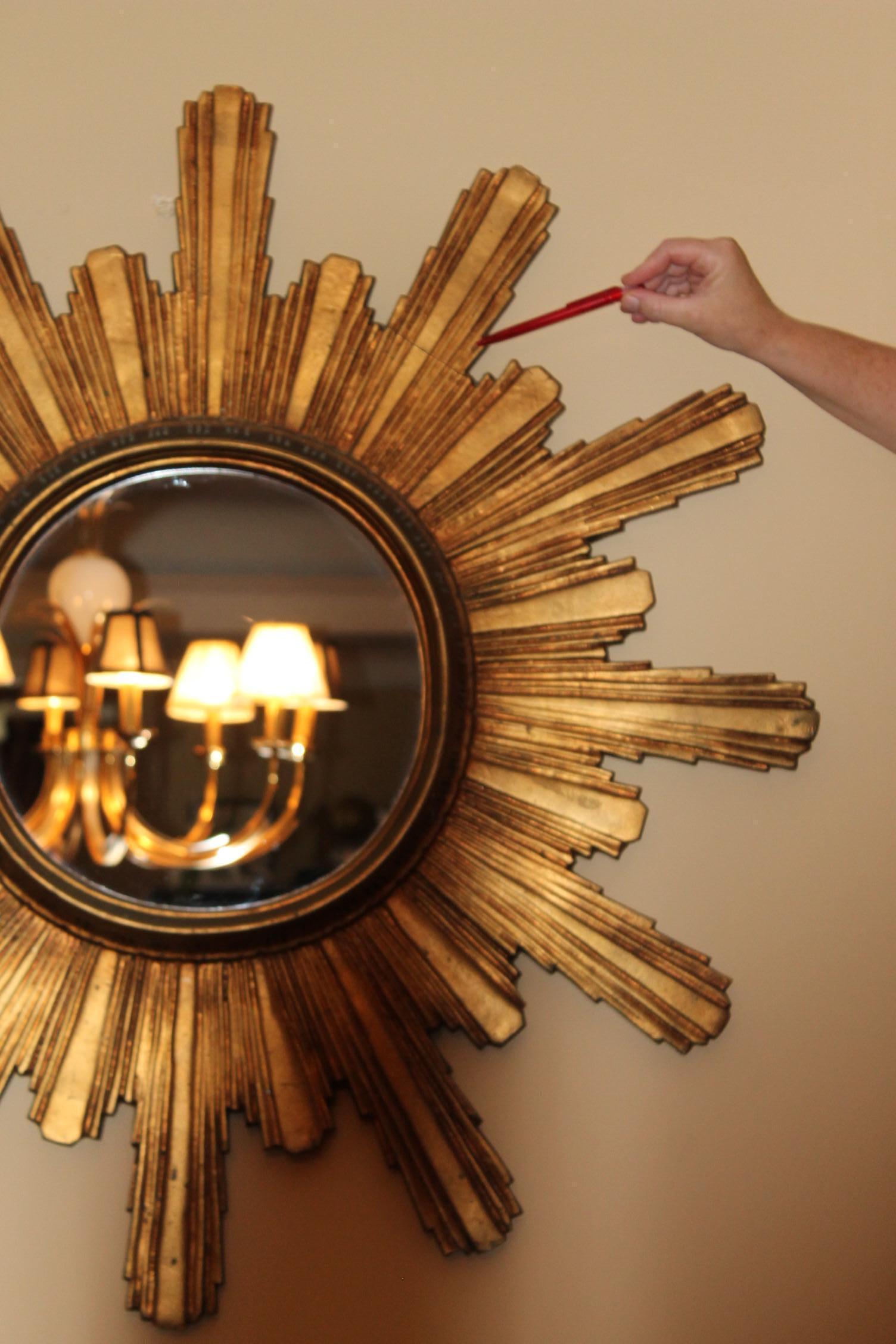 1950s Large Gilded Wooden Sunburst Mirror, Starbust Mirror For Sale 2