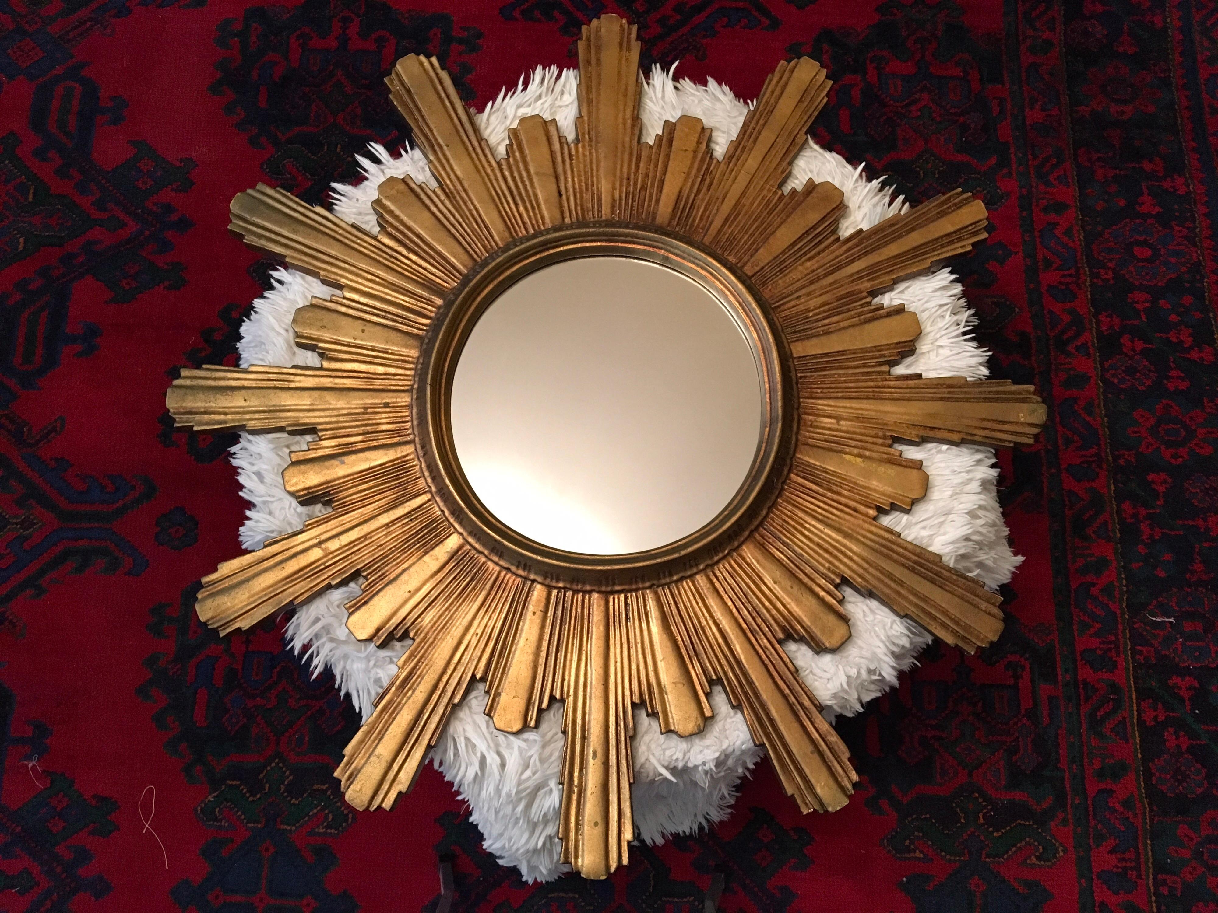 1950s Large Gilded Wooden Sunburst Mirror, Starbust Mirror For Sale 4