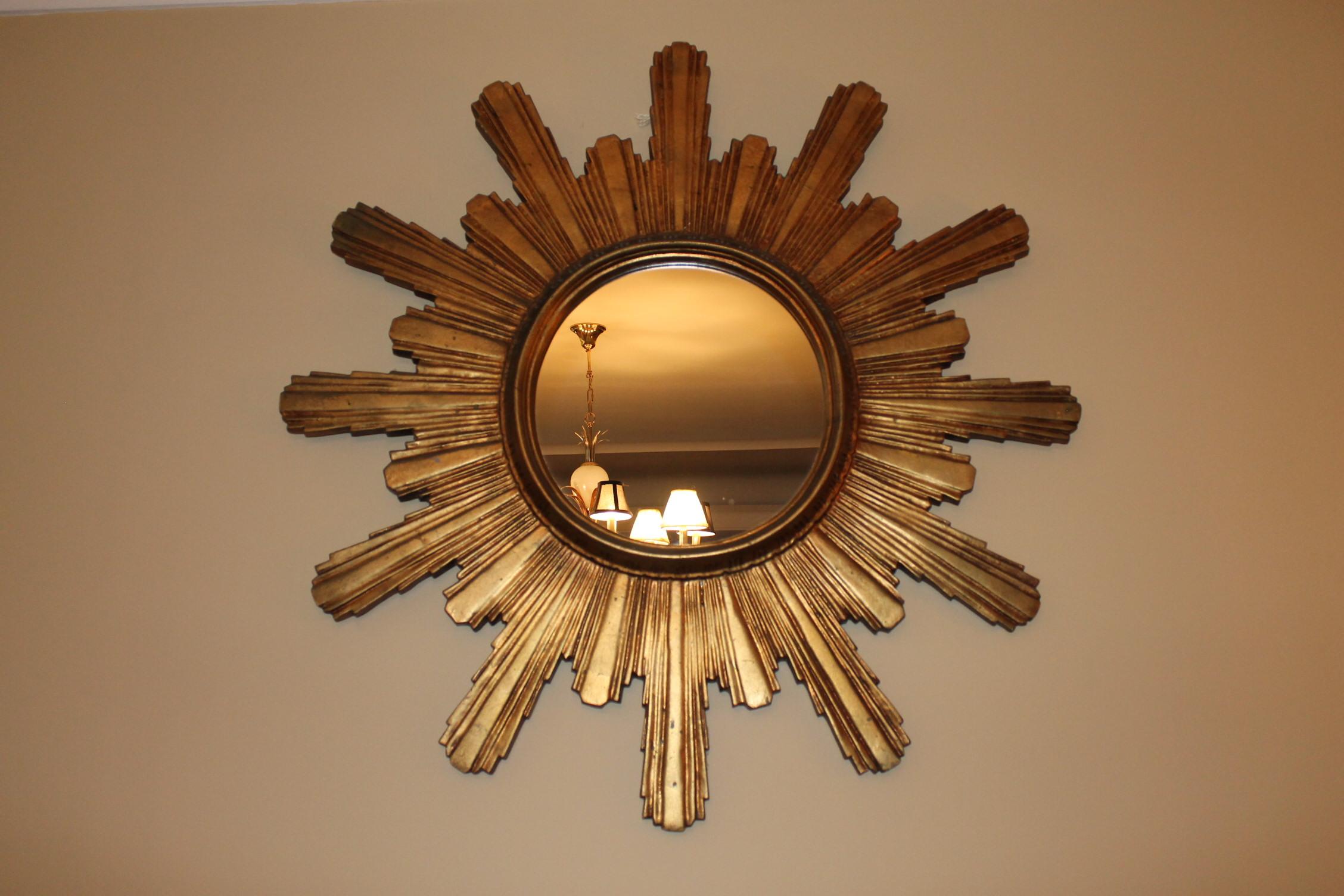 1950s Large Gilded Wooden Sunburst Mirror, Starbust Mirror For Sale 8