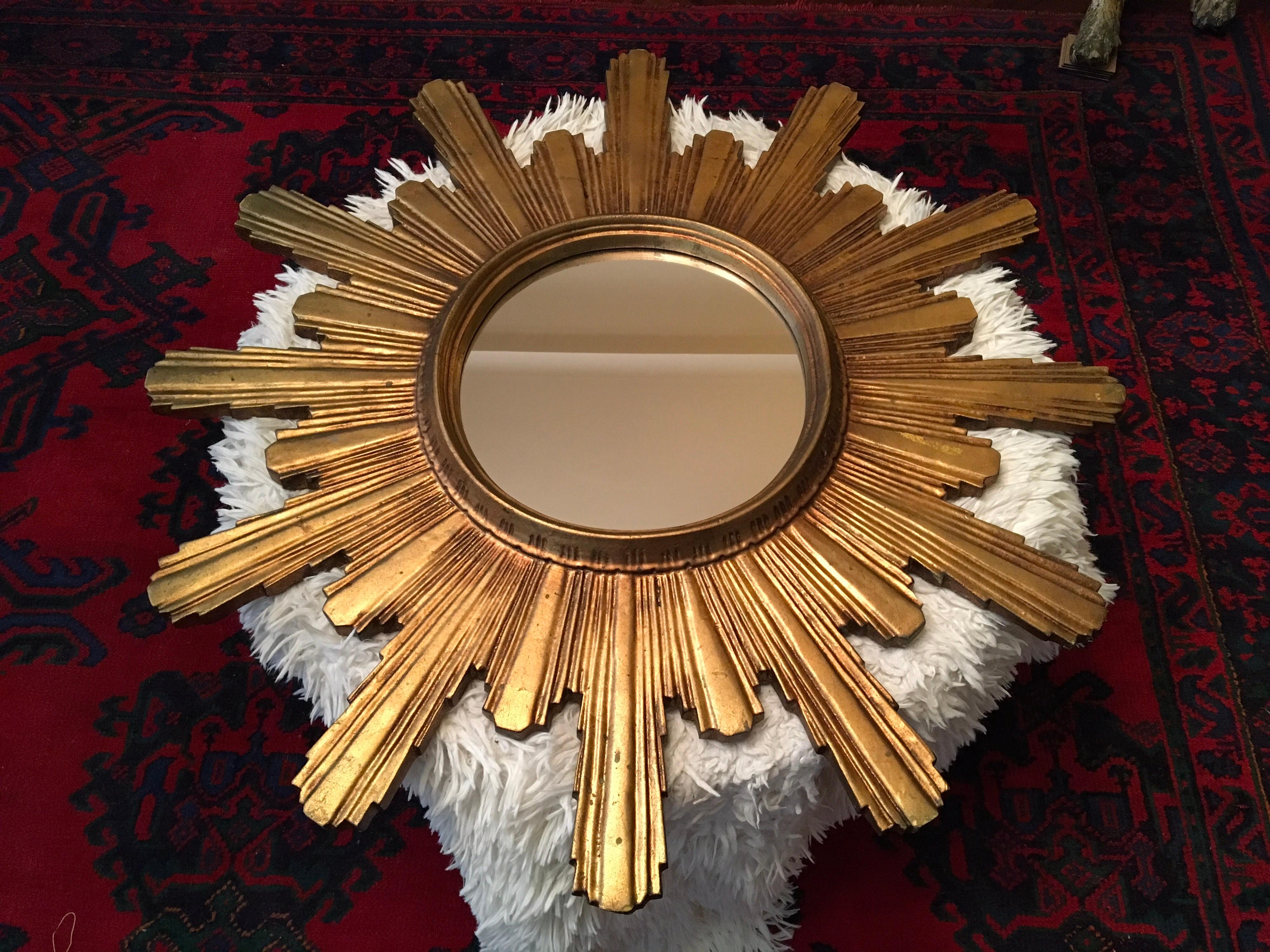 1950s Large Gilded Wooden Sunburst Mirror, Starbust Mirror For Sale 9