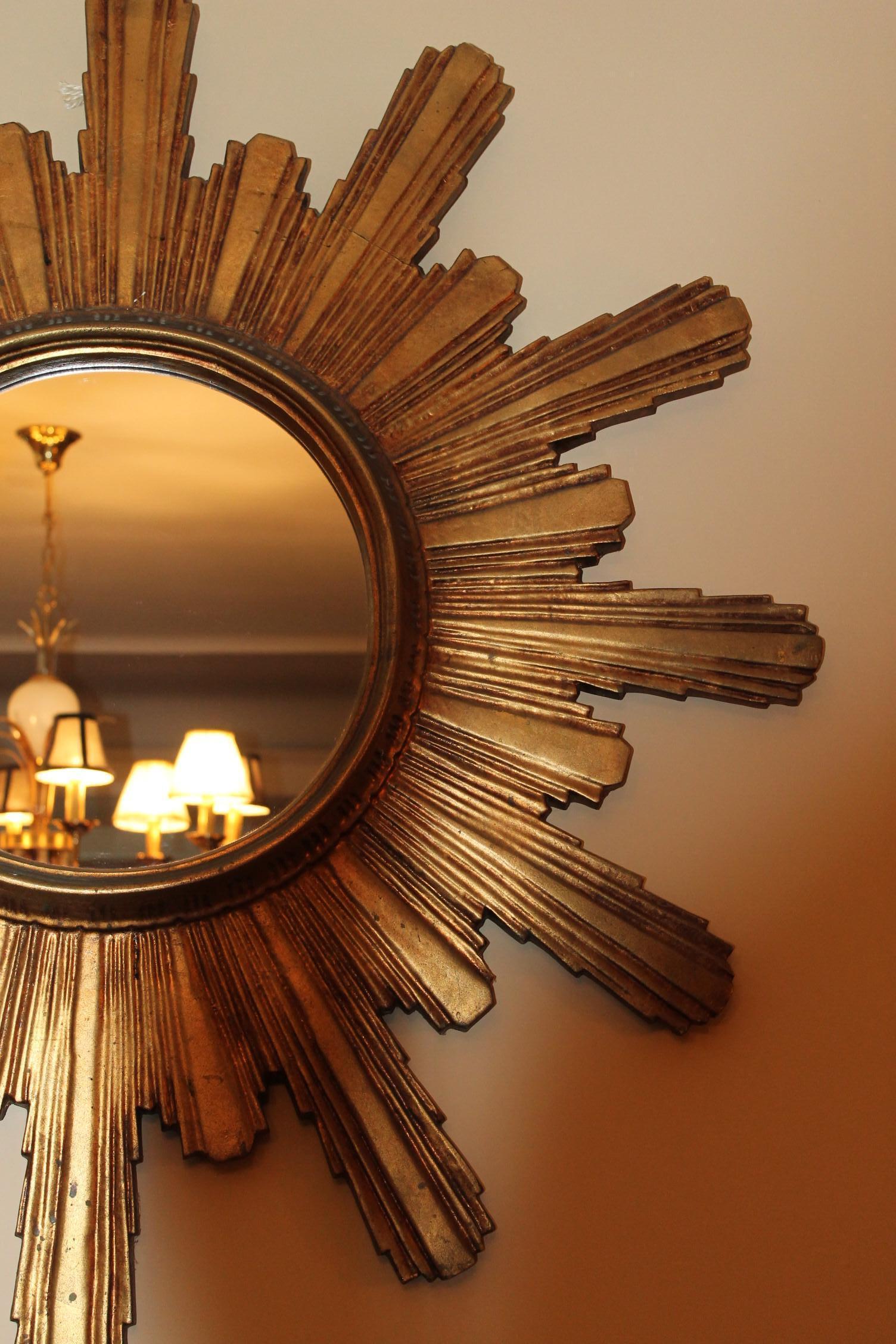 Hollywood Regency 1950s Large Gilded Wooden Sunburst Mirror, Starbust Mirror For Sale
