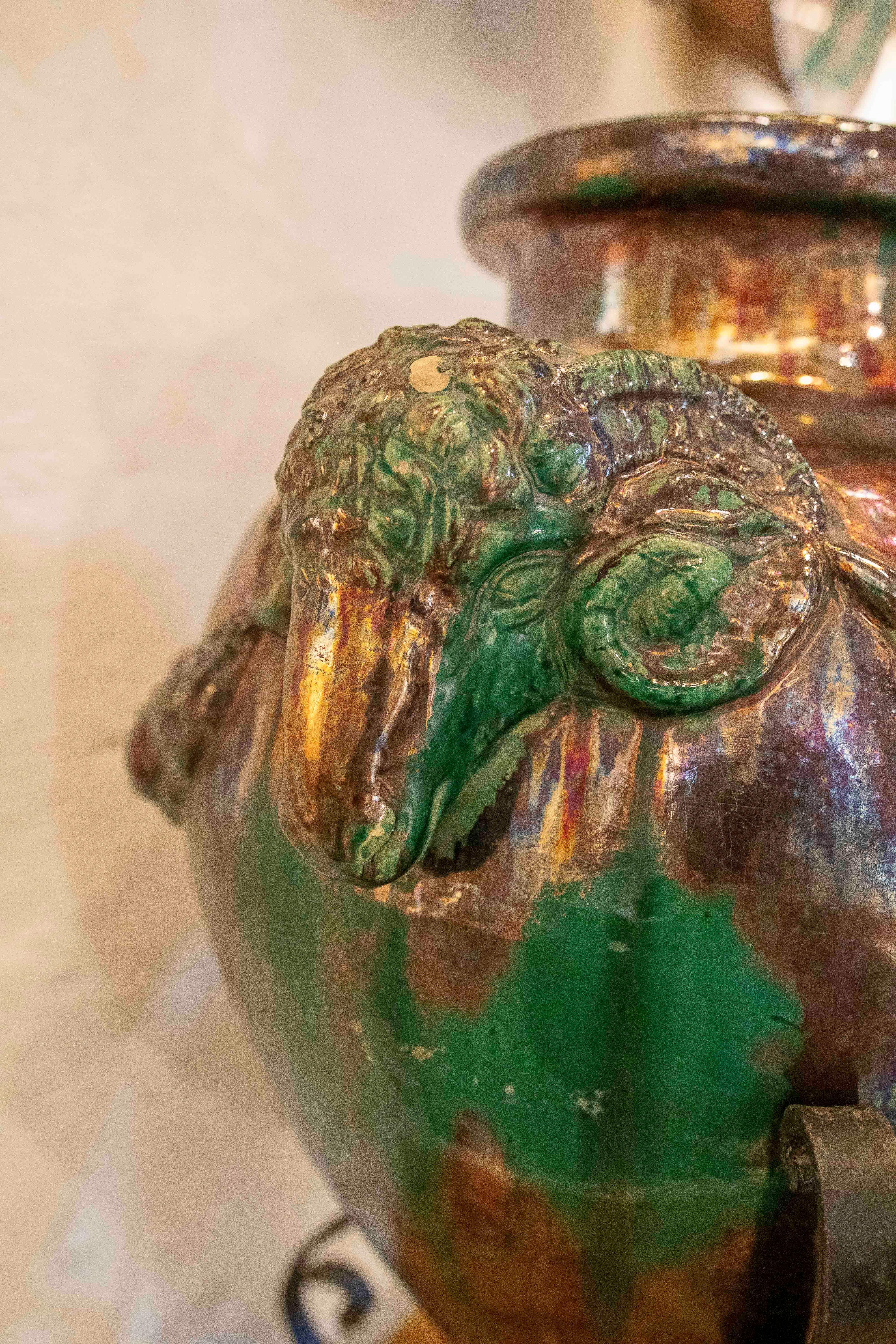 1950s Large Glazed Ceramic Vase with Ram Heads and Wrought Iron Base For Sale 5