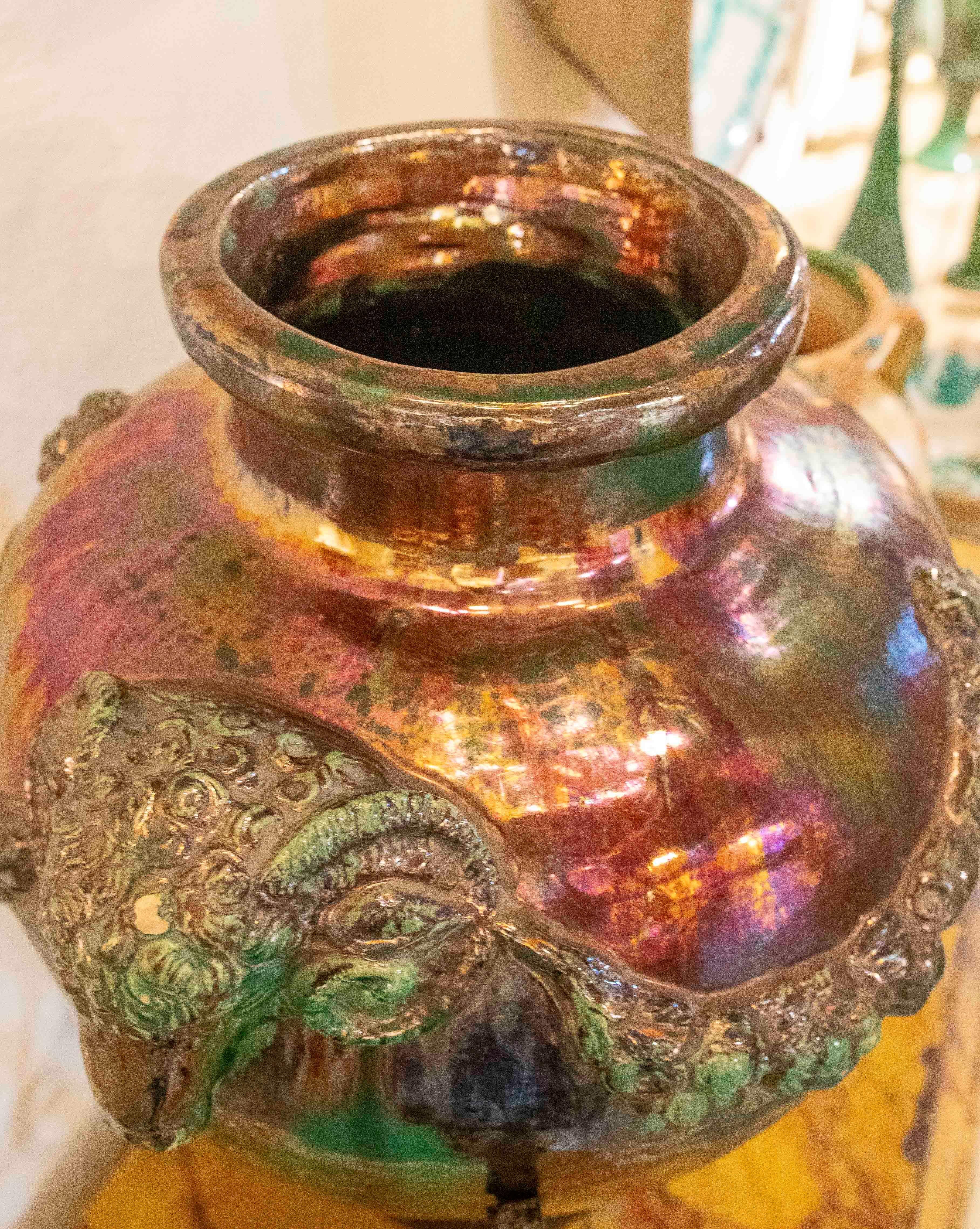 1950s Large Glazed Ceramic Vase with Ram Heads and Wrought Iron Base For Sale 7