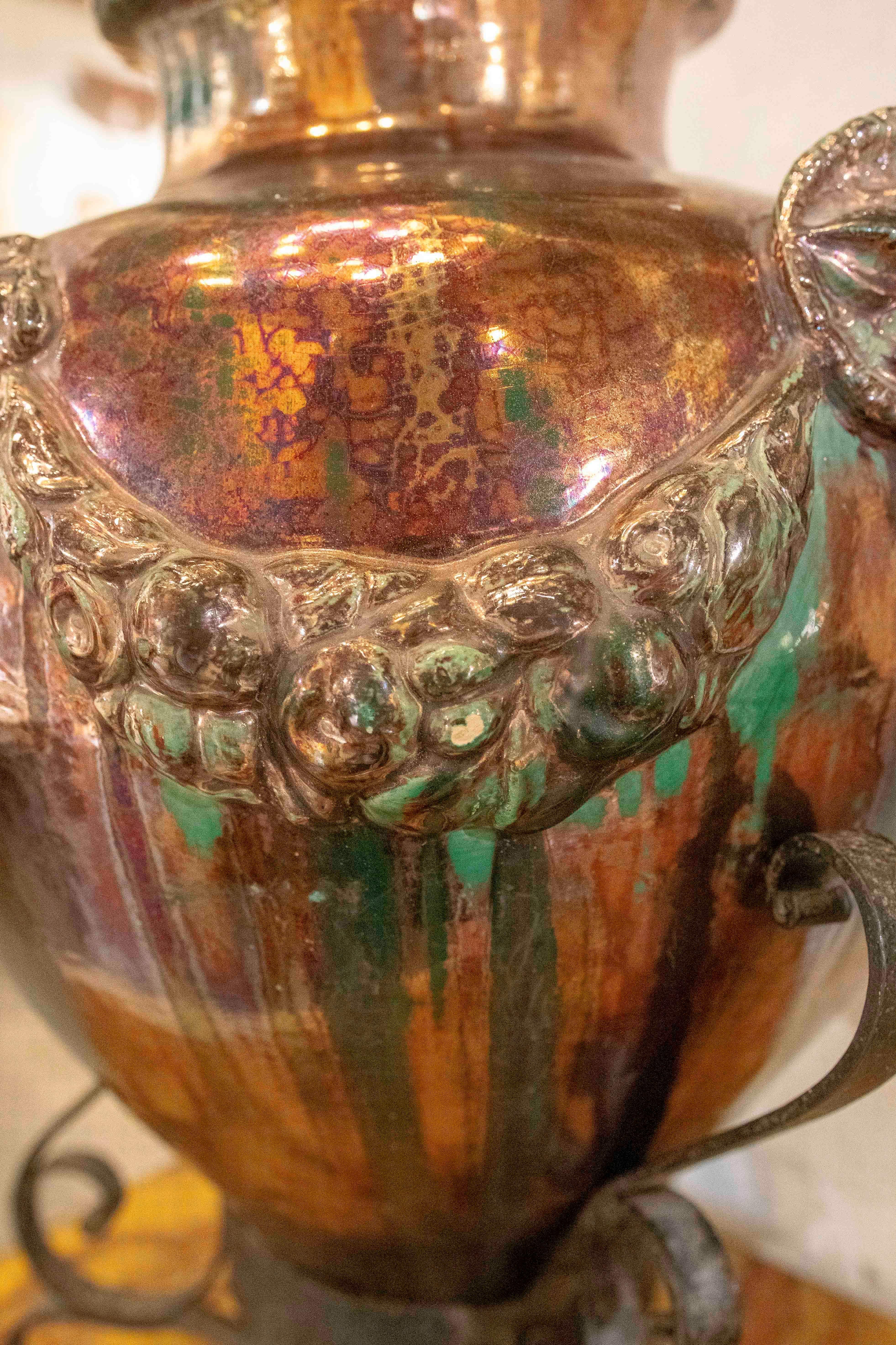 1950s Large Glazed Ceramic Vase with Ram Heads and Wrought Iron Base For Sale 3