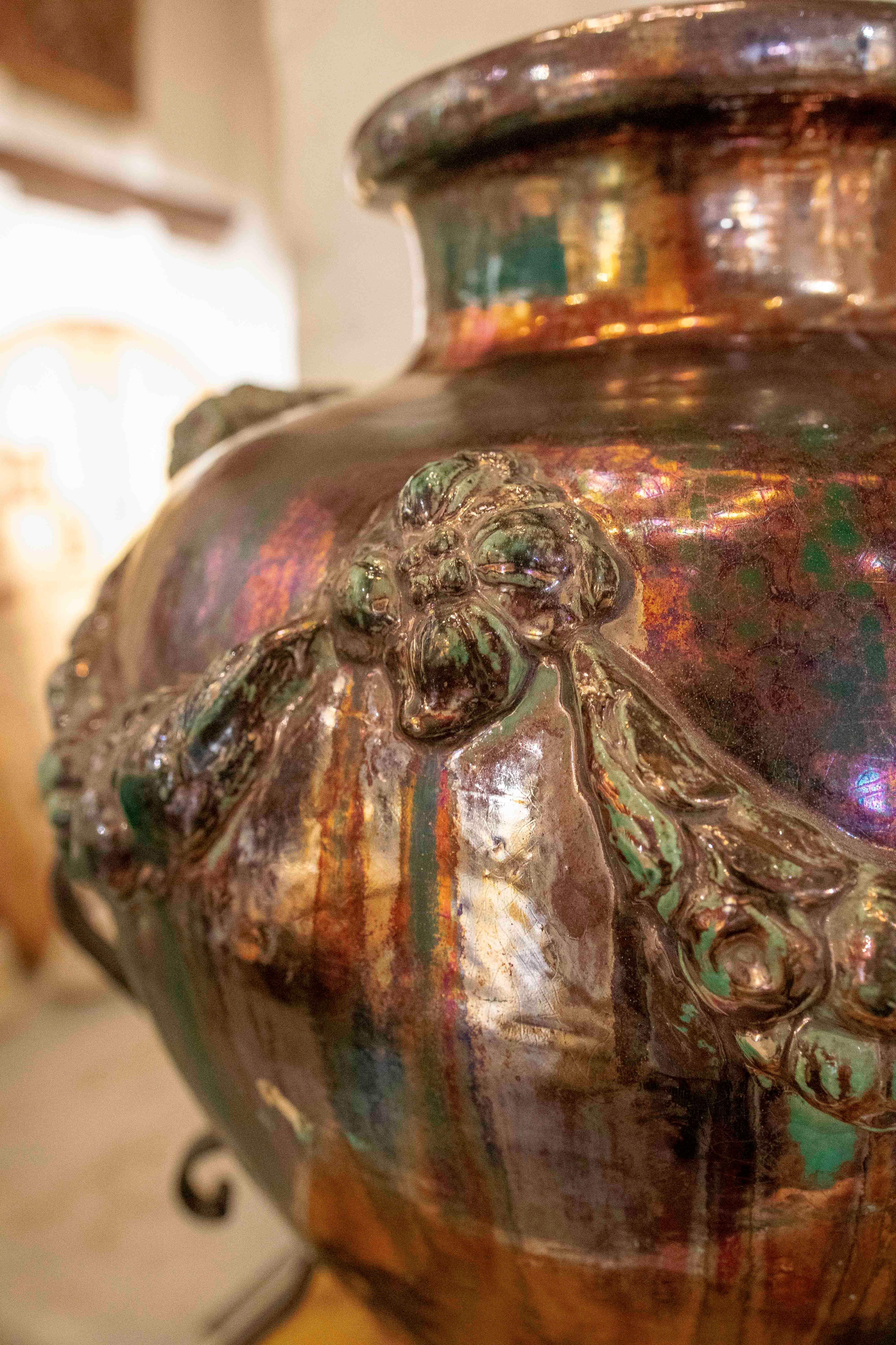 1950s Large Glazed Ceramic Vase with Ram Heads and Wrought Iron Base For Sale 4