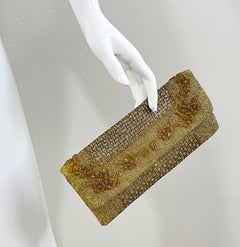 1950s Large Gold Beaded Silk Hong Kong Made Vintage 50s Evening Clutch Purse Bag