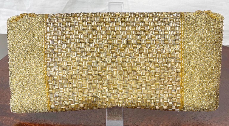 Brown 1950s Large Gold Beaded Silk Hong Kong Made Vintage 50s Evening Clutch Purse Bag For Sale
