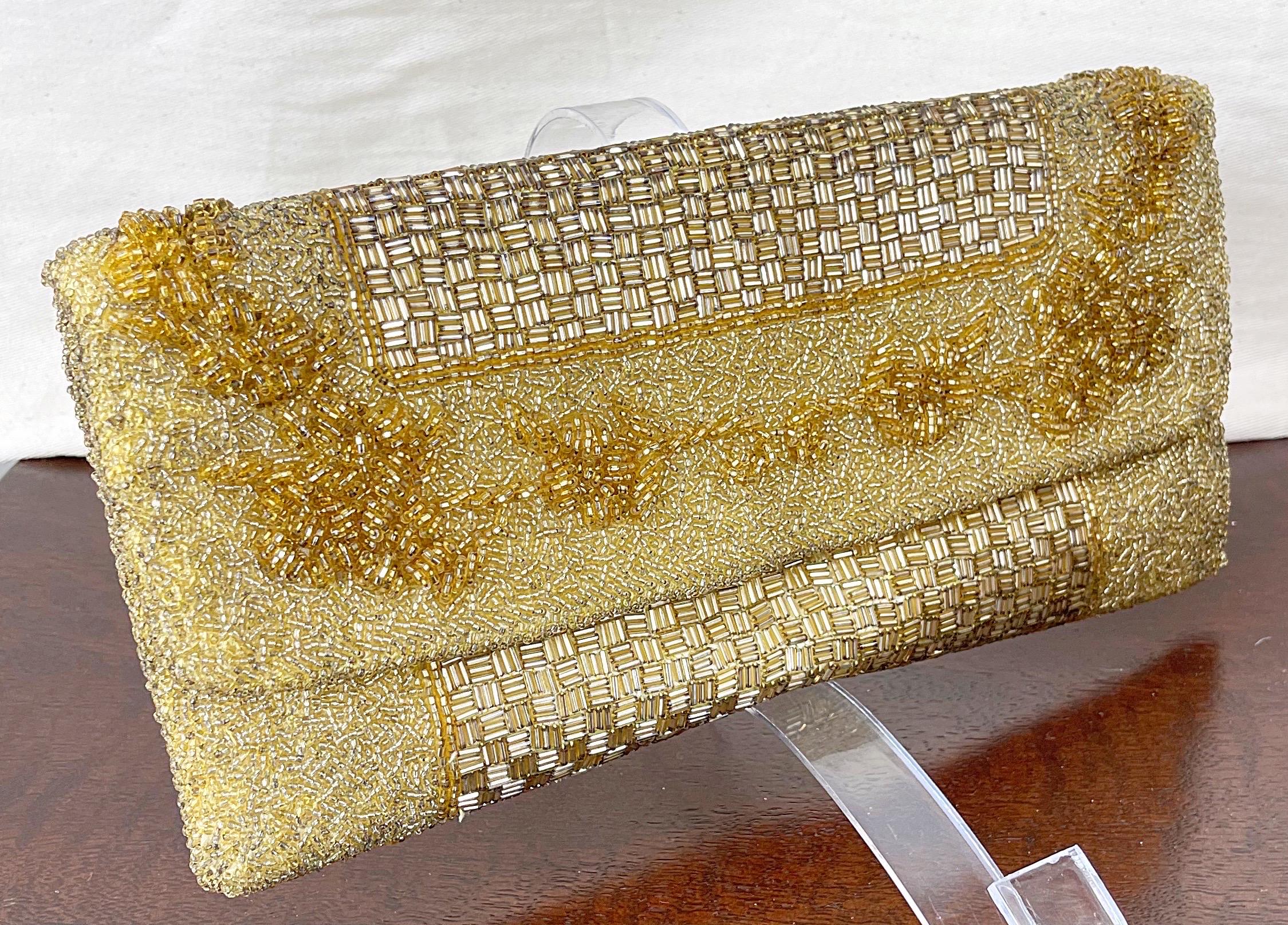 Brown 1950s Large Gold Beaded Silk Hong Kong Made Vintage 50s Evening Clutch Purse Bag For Sale