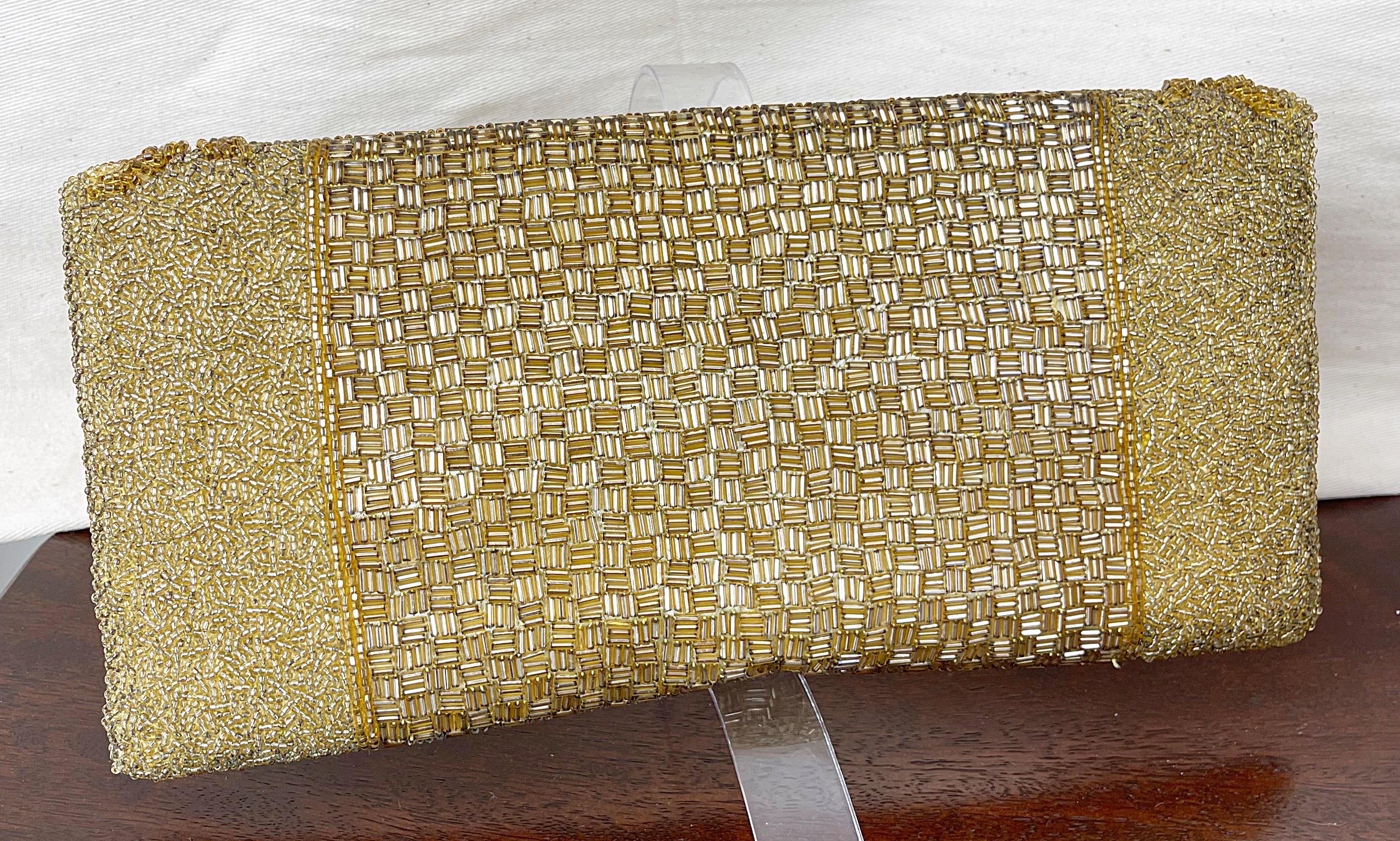 1950s Large Gold Beaded Silk Hong Kong Made Vintage 50s Evening Clutch Purse Bag For Sale 1