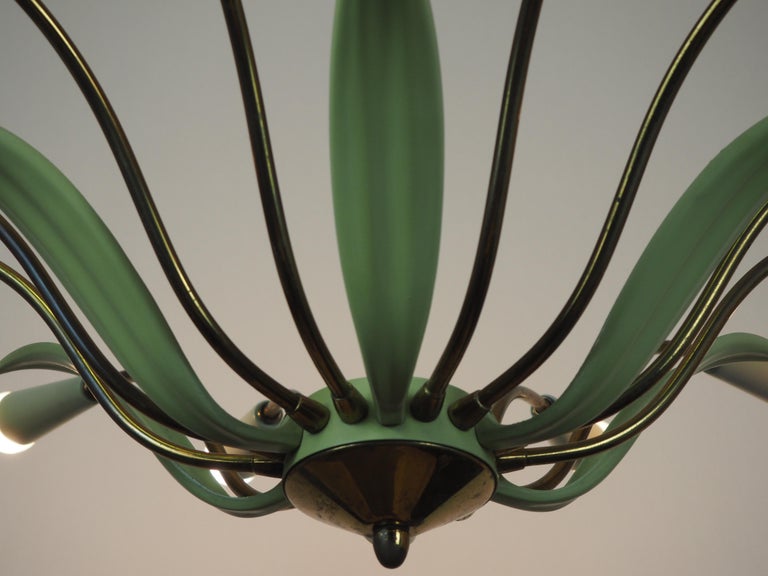 Mid-Century Modern 1950s Large Green Brass 12-Light Sputnik Chandelier Stilnovo Style For Sale