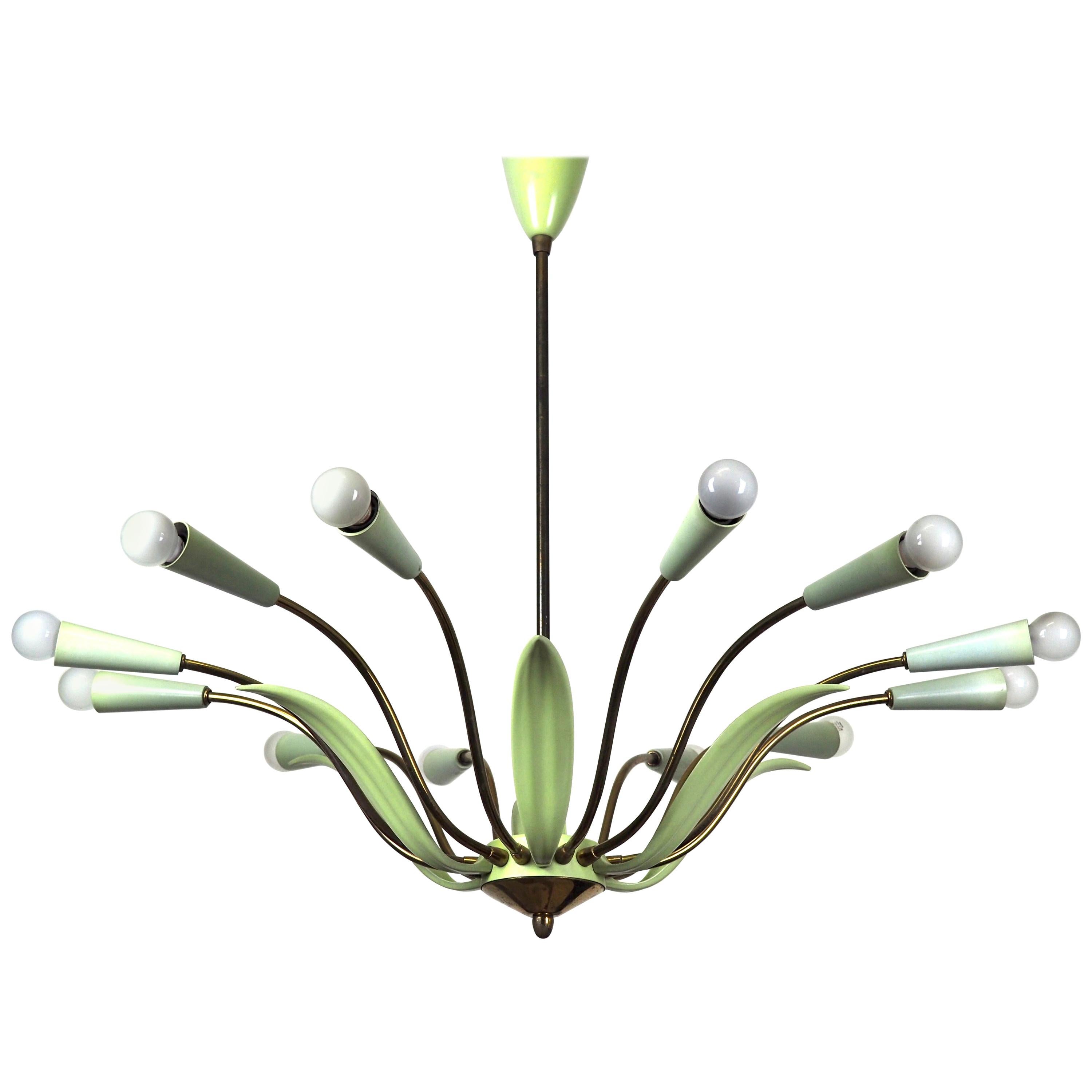 1950s Large Green Brass 12-Light Sputnik Chandelier Stilnovo Style