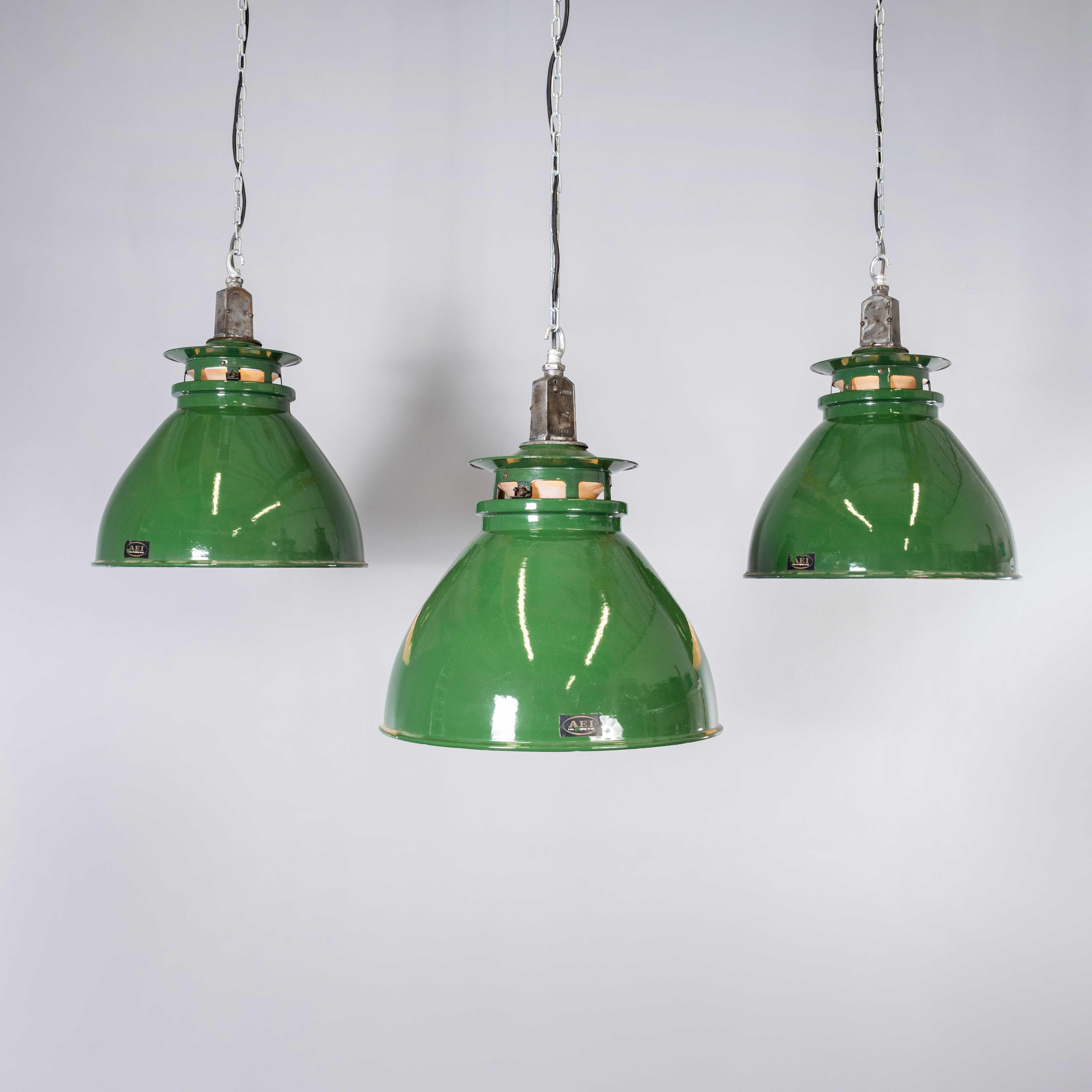 English 1950's Large Green Industrial Pendant Lamps - AEI Lighting For Sale