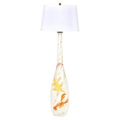 1950s Large Hand Painted Ceramic Floor Lamp w/ Sea Creatures Ernestine Salerno