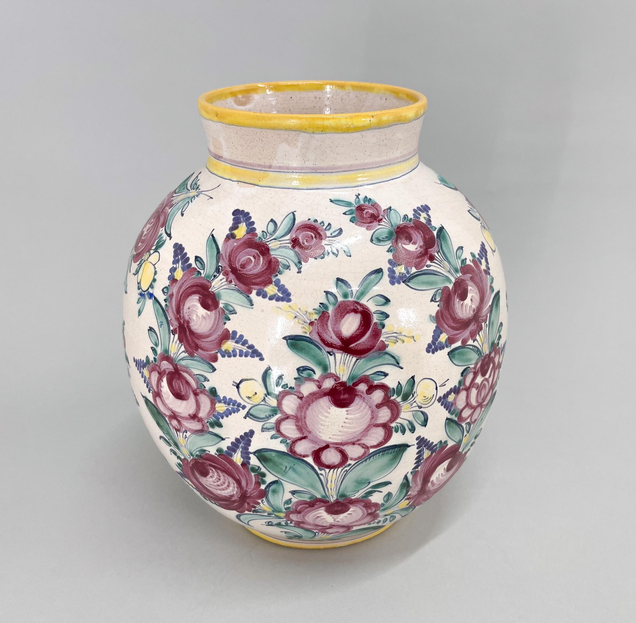 Czech 1950s Large Hand Painted Tupesy Ceramic Vase For Sale