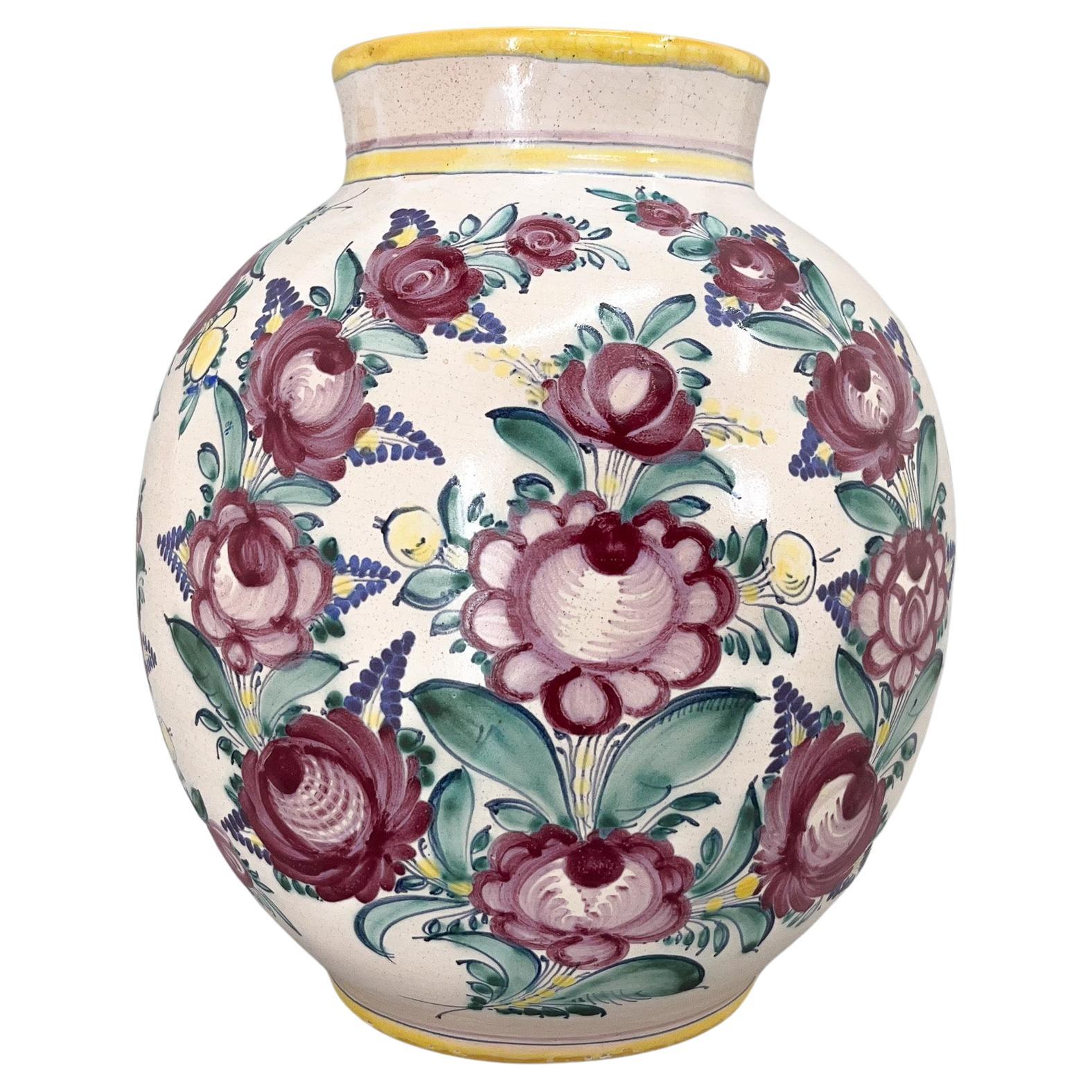 1950s Large Hand Painted Tupesy Ceramic Vase For Sale