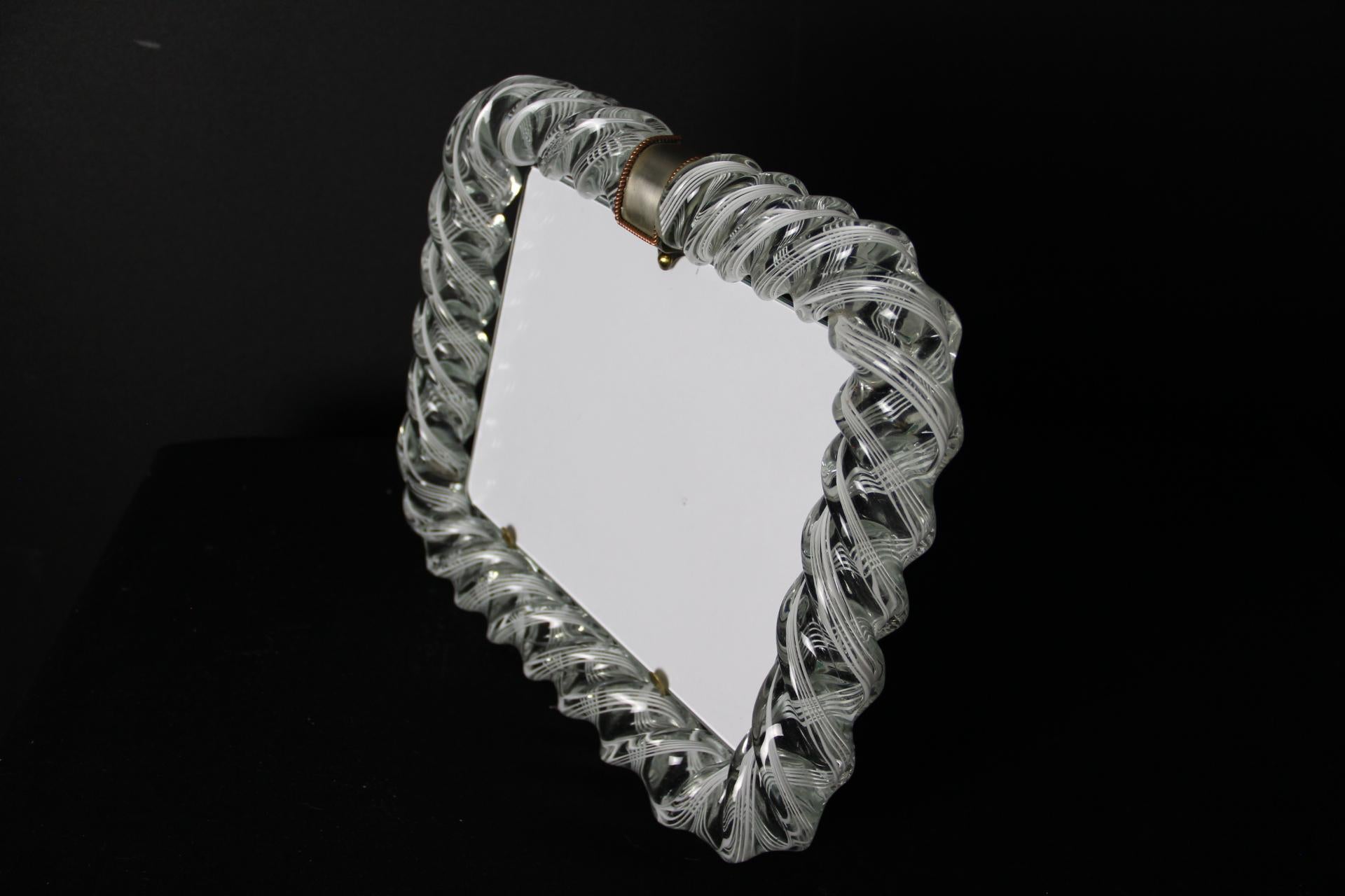 1950's Large Horizontal White Filigrana Murano Glass Photo Frame by Venini en vente 2