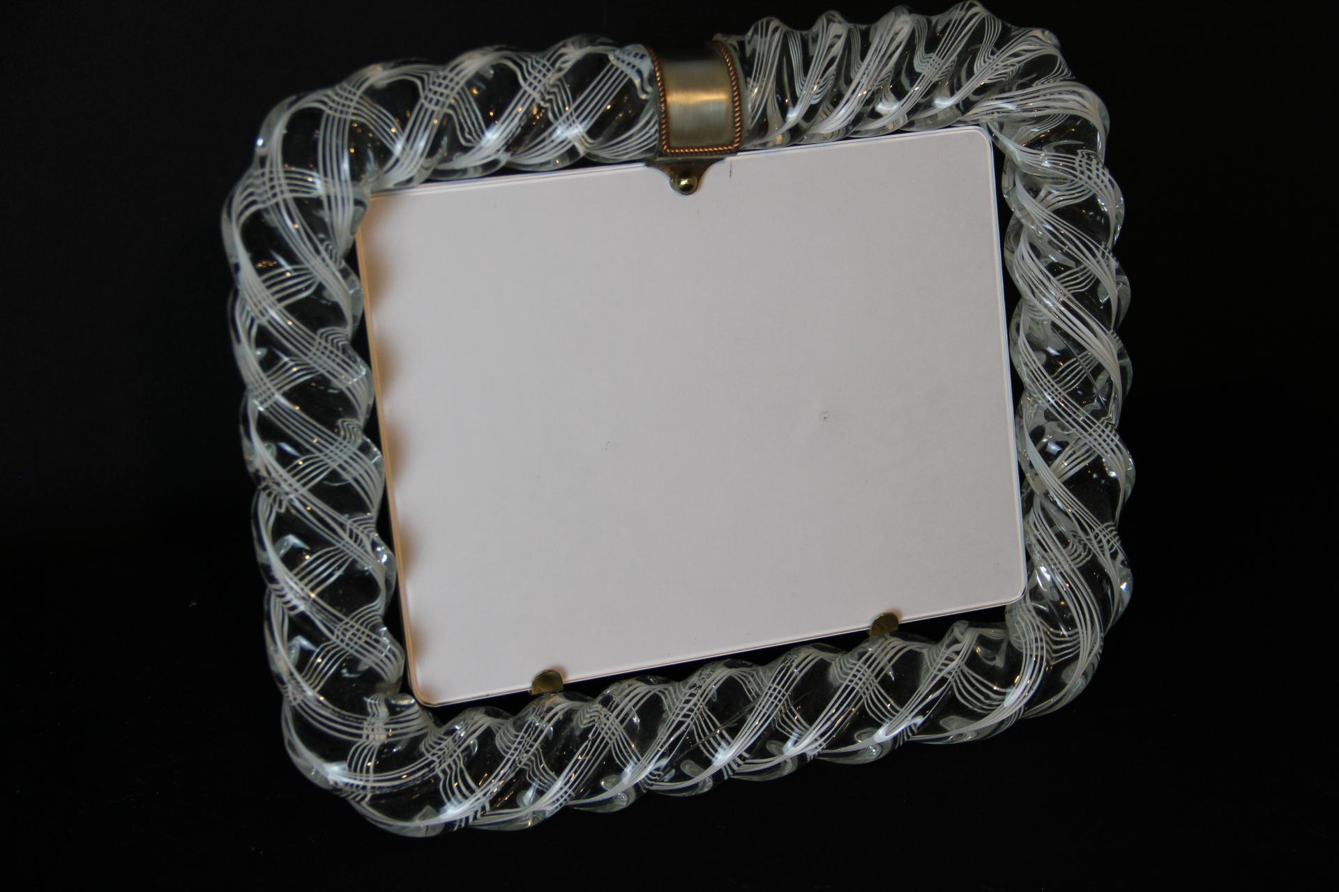 Mid-Century Modern 1950's Large Horizontal White Filigrana Murano Glass Photo Frame by Venini en vente