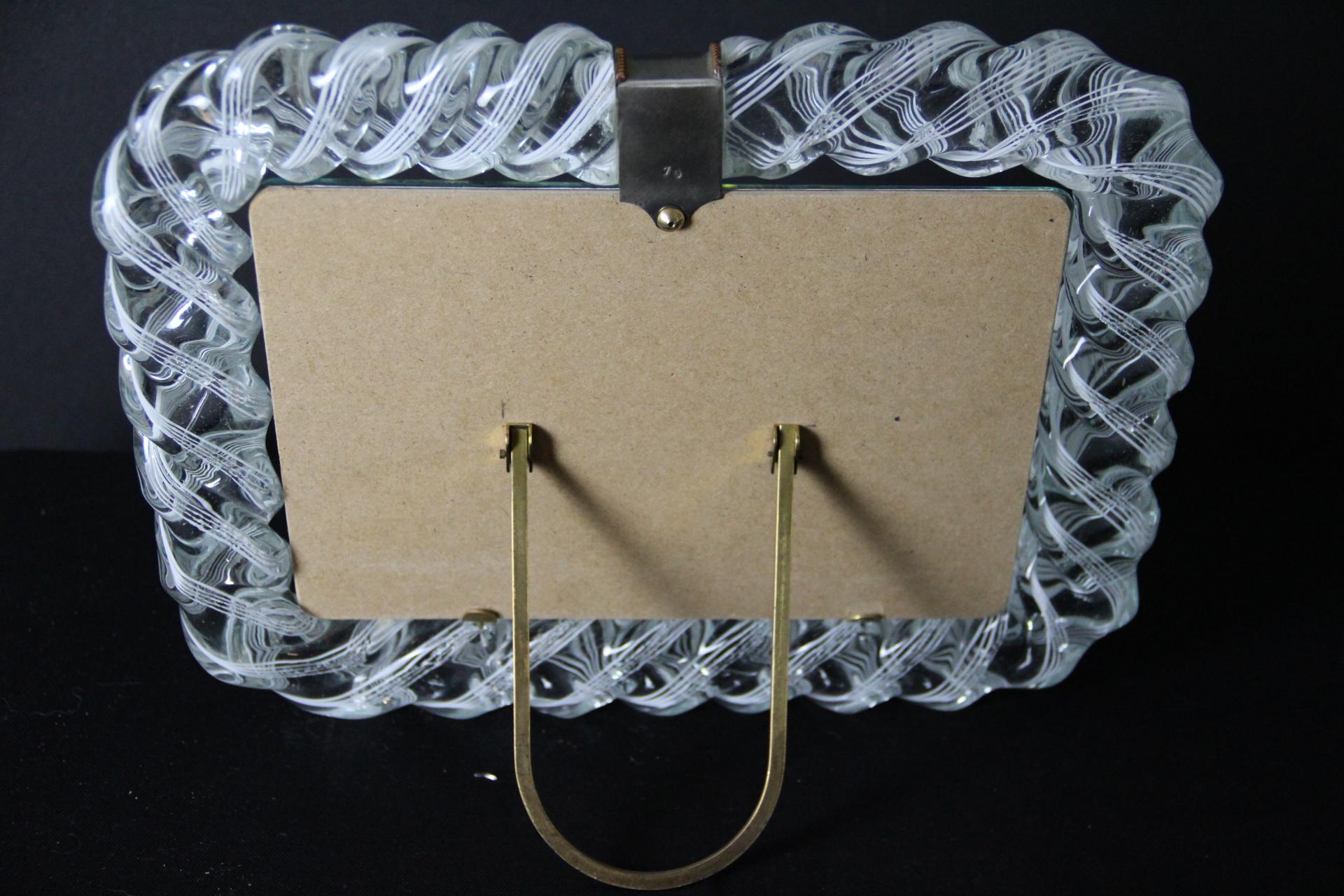 20ième siècle 1950's Large Horizontal White Filigrana Murano Glass Photo Frame by Venini en vente