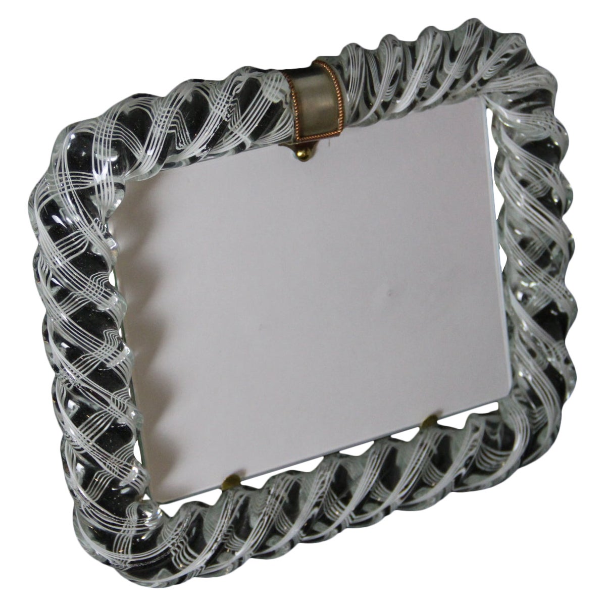 1950's Large Horizontal White Filigrana Murano Glass Photo Frame by Venini en vente
