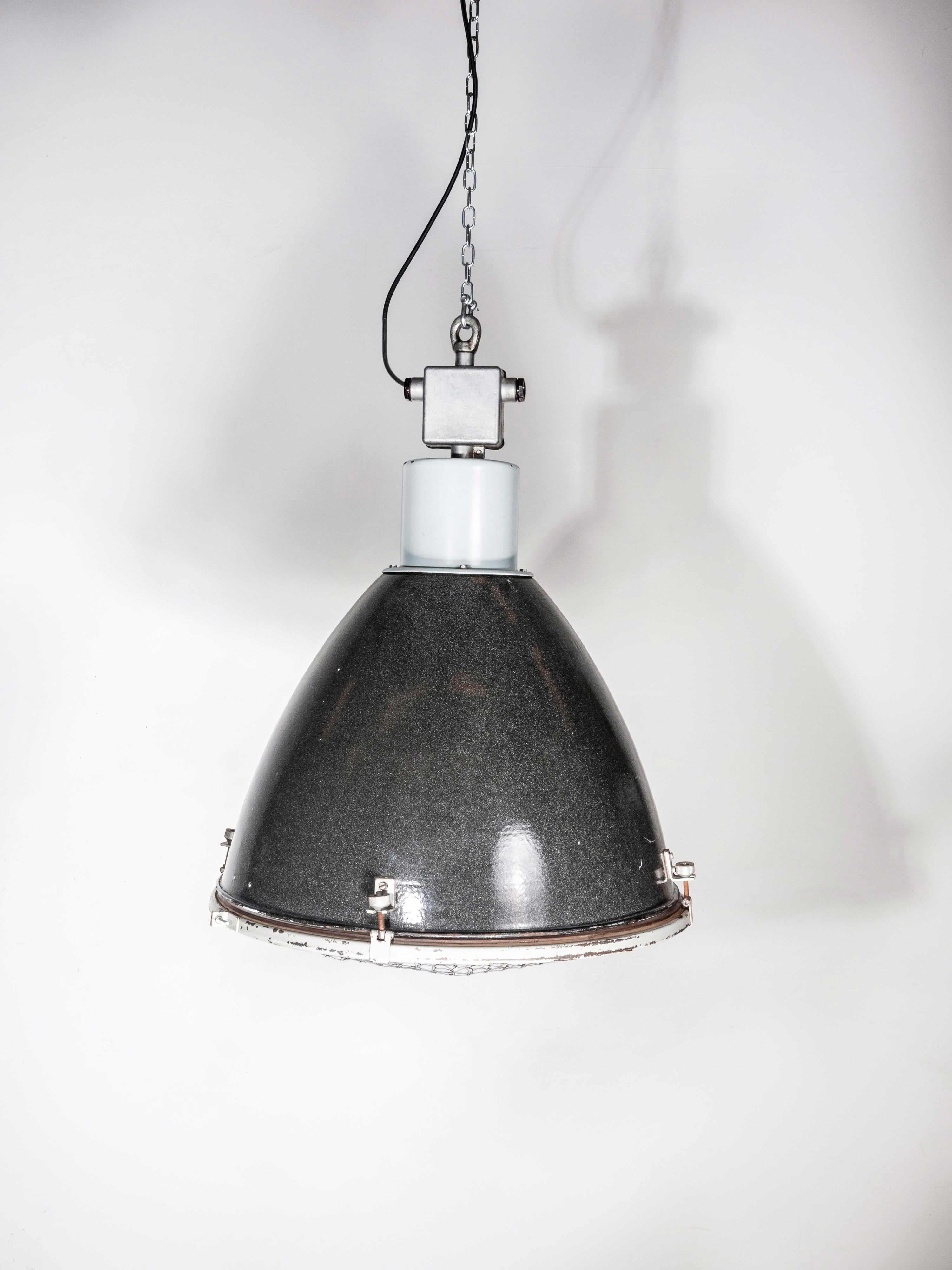 British 1950s Large Industrial Enameled Hanging Pendant Lamps