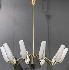 1950s Large Italian Brass and Milk Glass 10-Light Sputnik Chandelier