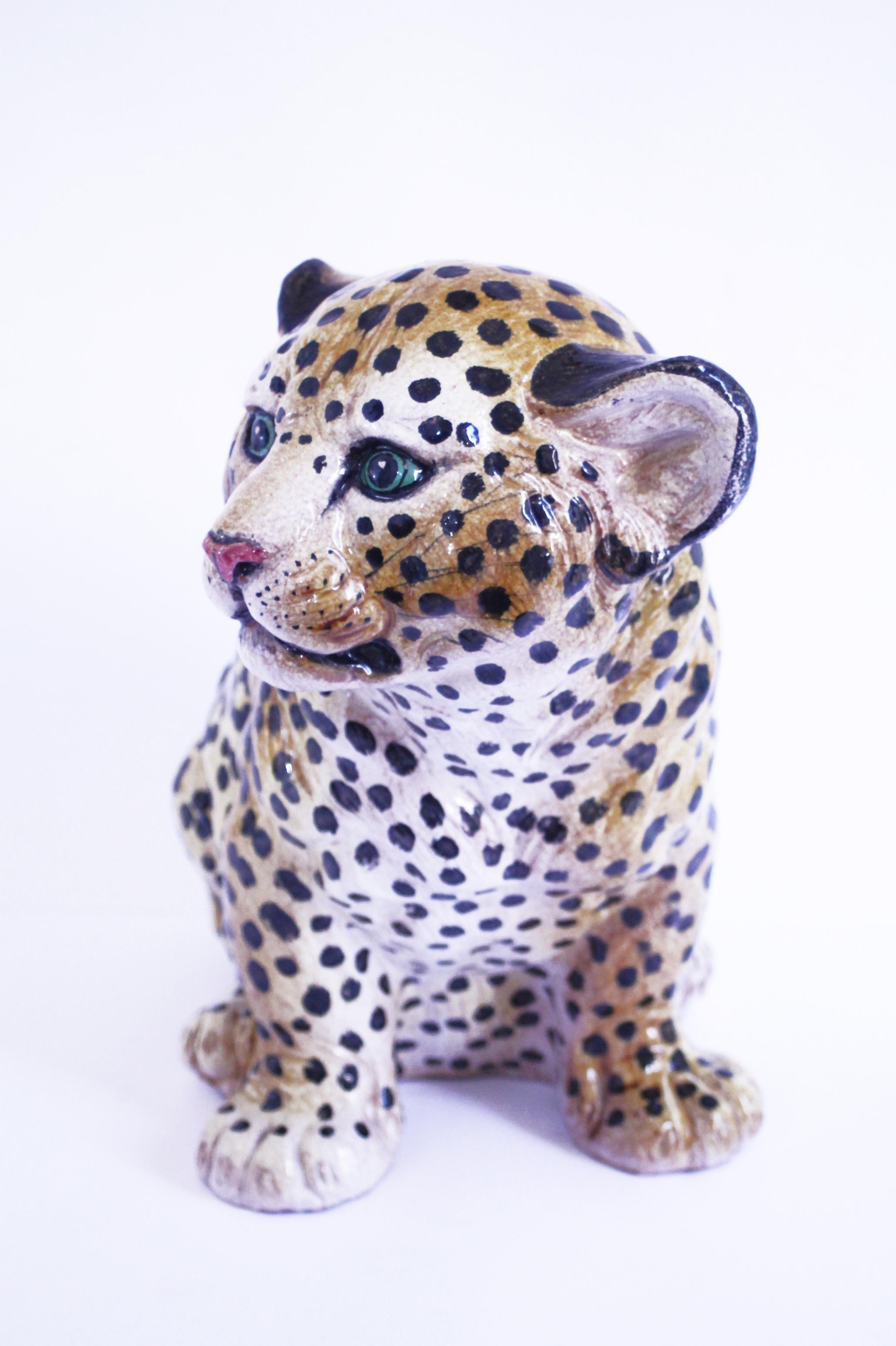 Hand-Crafted 1950s  Large Italian majolica leopard cub glazed sculpture  43hx43x33cms  For Sale