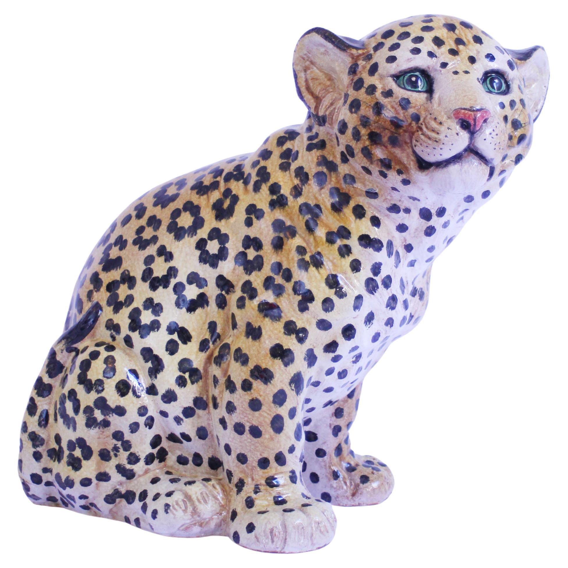 1950s  Large Italian majolica leopard cub glazed sculpture  43hx43x33cms  For Sale